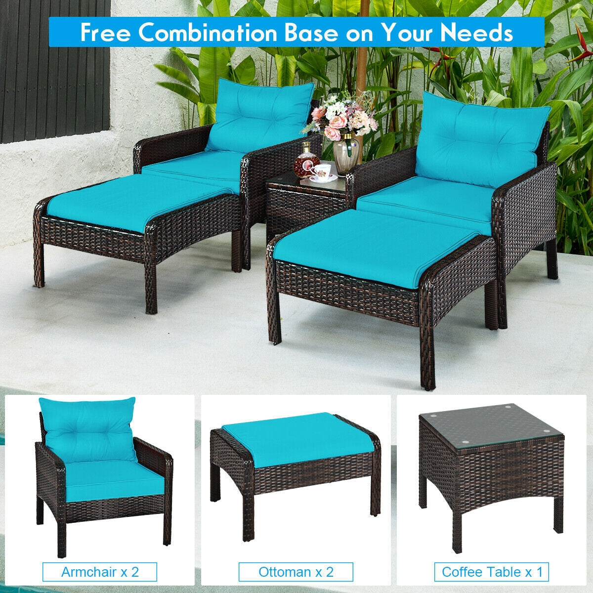 5 Pcs Patio Rattan Sofa Ottoman Furniture Set with Cushions-TurquoiseÂ