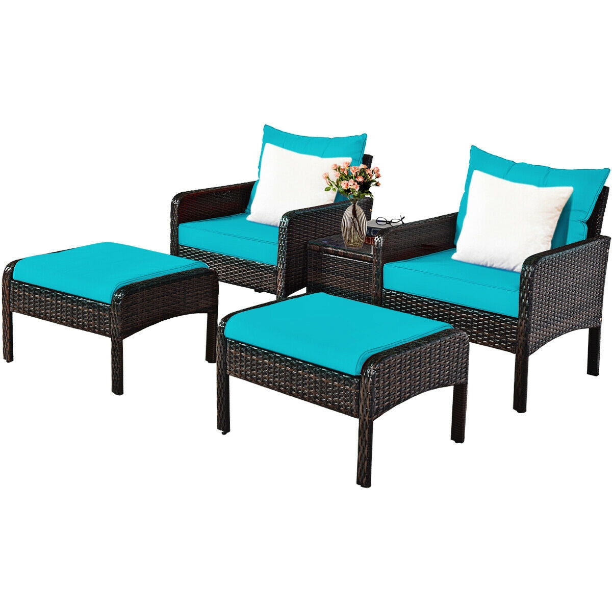 5 Pcs Patio Rattan Sofa Ottoman Furniture Set with Cushions-TurquoiseÂ
