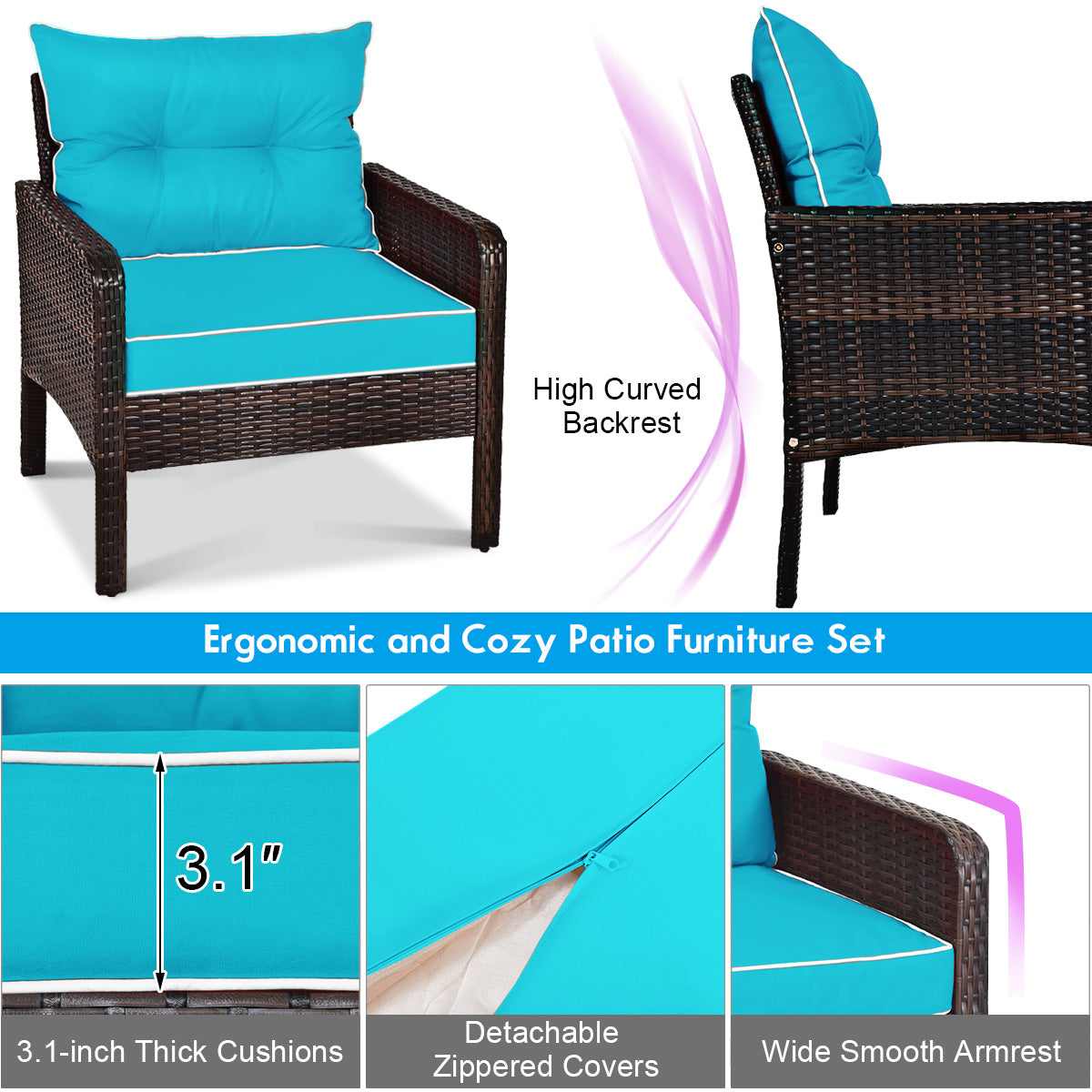5 Pcs Patio Rattan Sofa Ottoman Furniture Set with Cushions-TurquoiseÂ