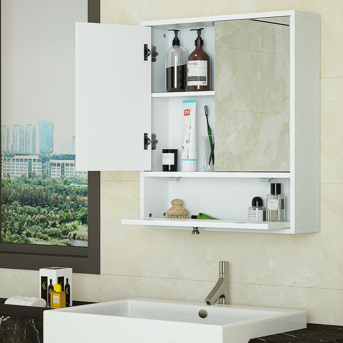 Bathroom Double Mirror Door Wall Mount Storage Wood CabinetÂ