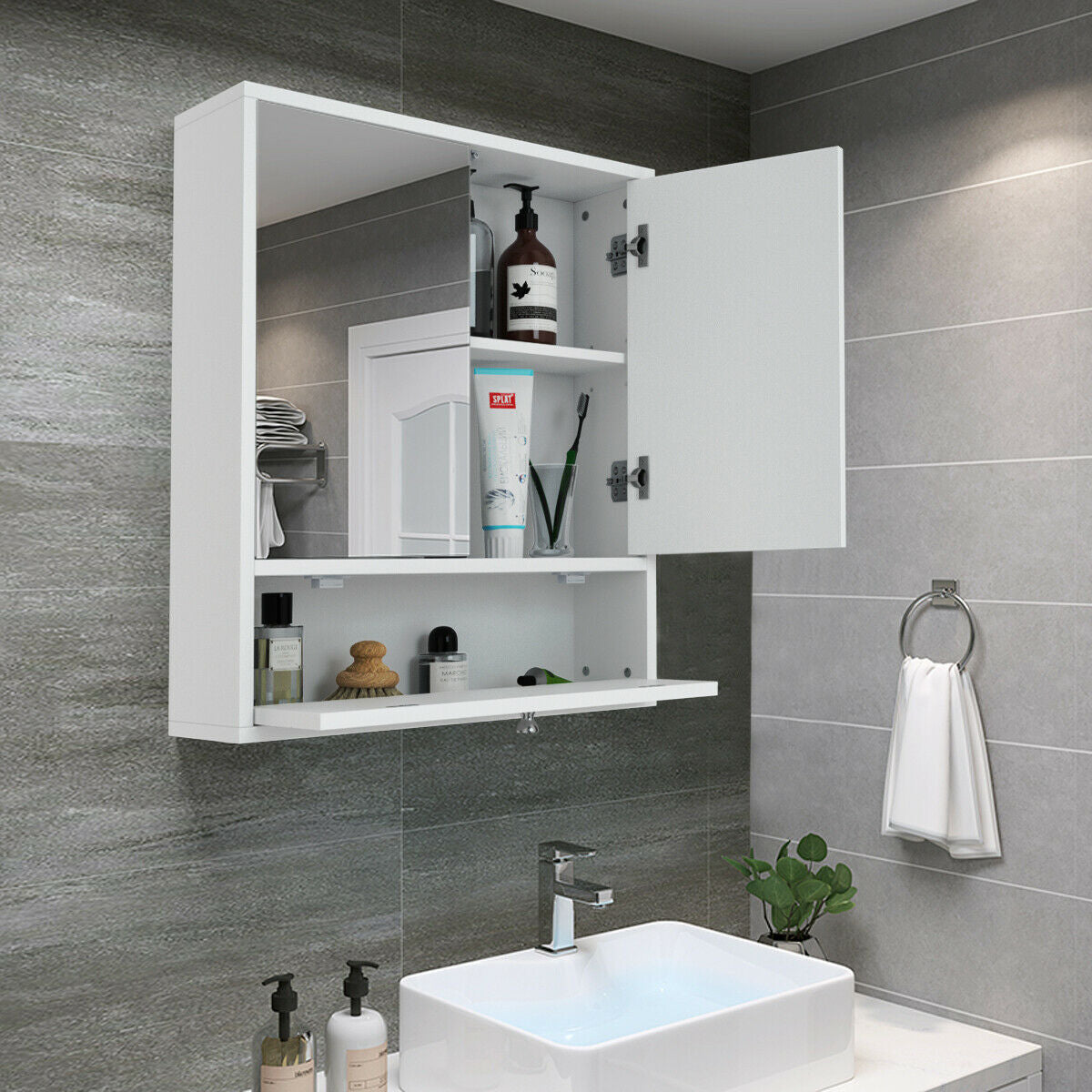 Bathroom Double Mirror Door Wall Mount Storage Wood CabinetÂ