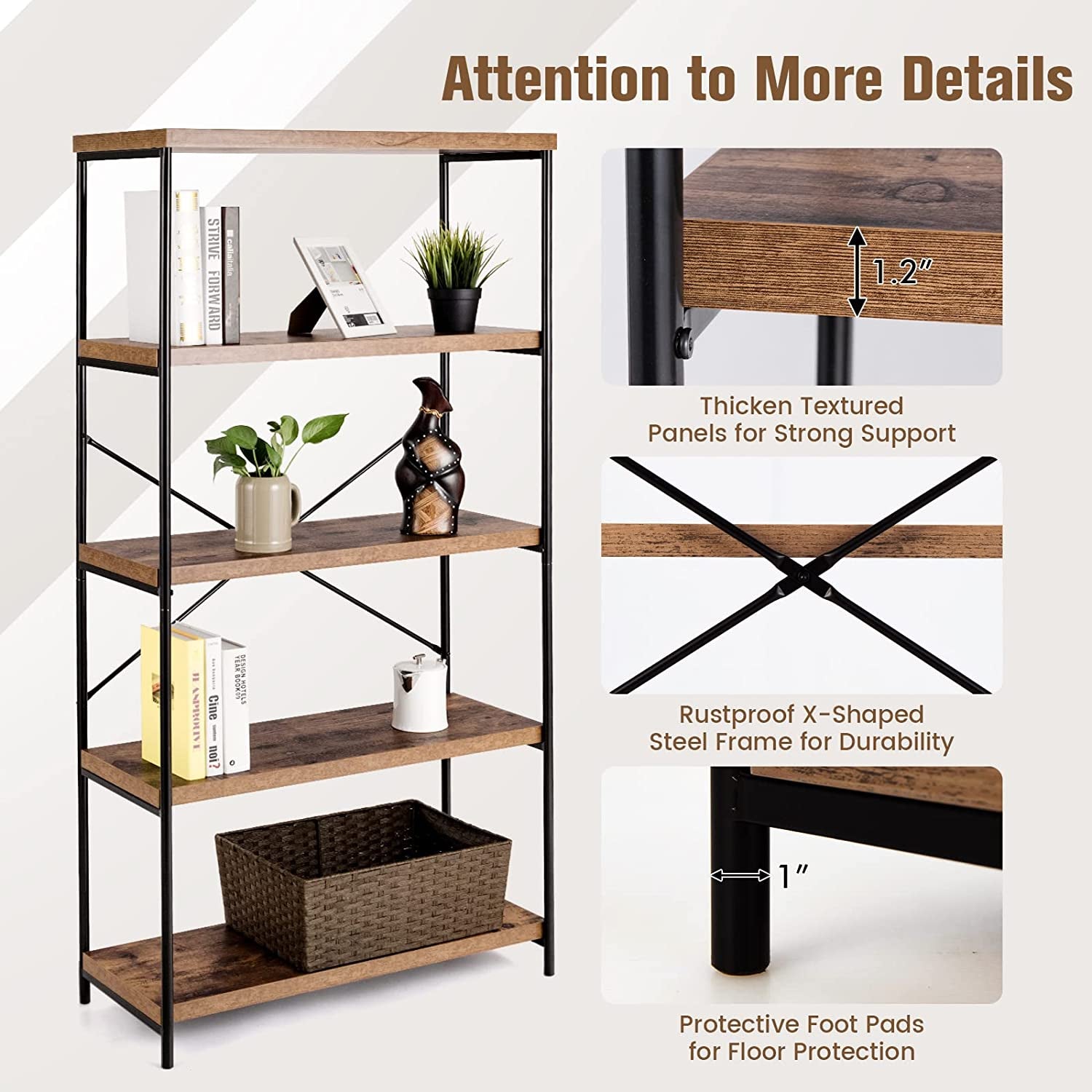 Multipurpose Open Bookcase Industrial Rack Wide Standing Storage Shelf-BrownÂ