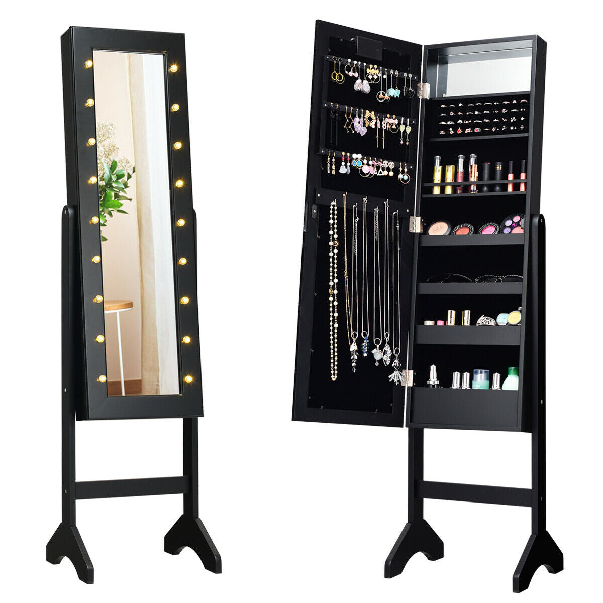Mirrored Jewelry Cabinet Armoire Organizer w/ LED lights-BlackÂ