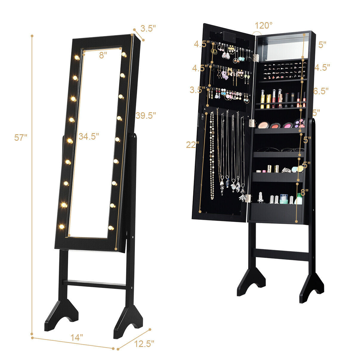 Mirrored Jewelry Cabinet Armoire Organizer w/ LED lights-BlackÂ