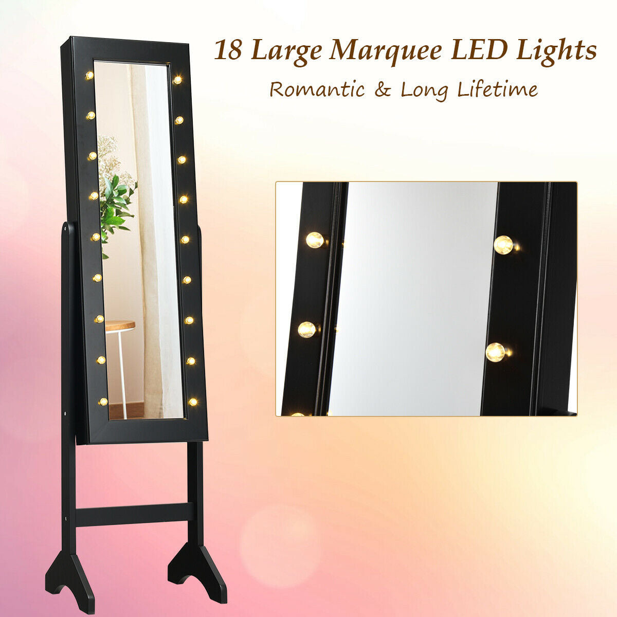 Mirrored Jewelry Cabinet Armoire Organizer w/ LED lights-BlackÂ