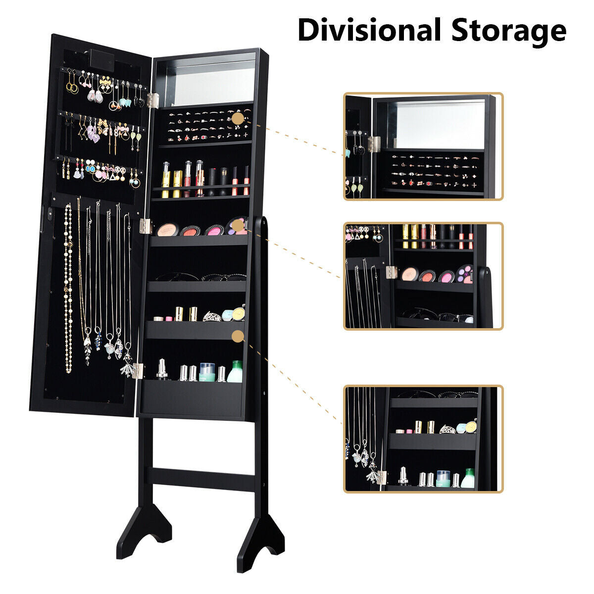 Mirrored Jewelry Cabinet Armoire Organizer w/ LED lights-BlackÂ
