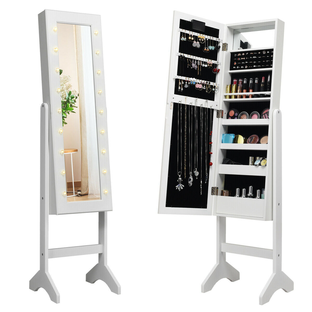 Mirrored Jewelry Cabinet Armoire Organizer w/ LED lights-WhiteÂ