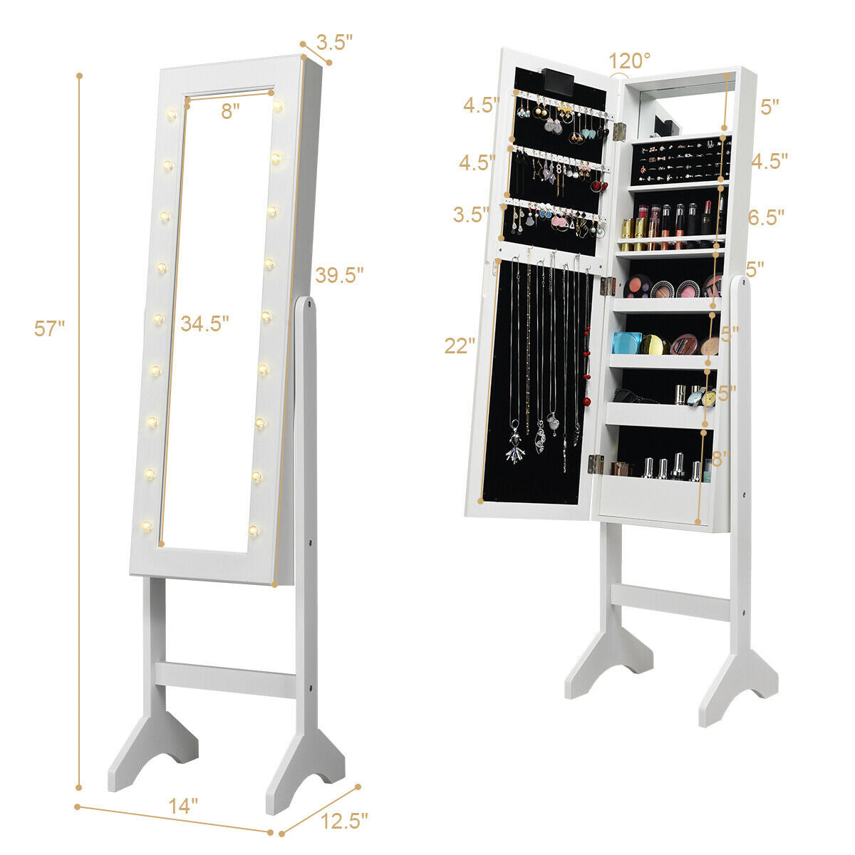 Mirrored Jewelry Cabinet Armoire Organizer w/ LED lights-WhiteÂ