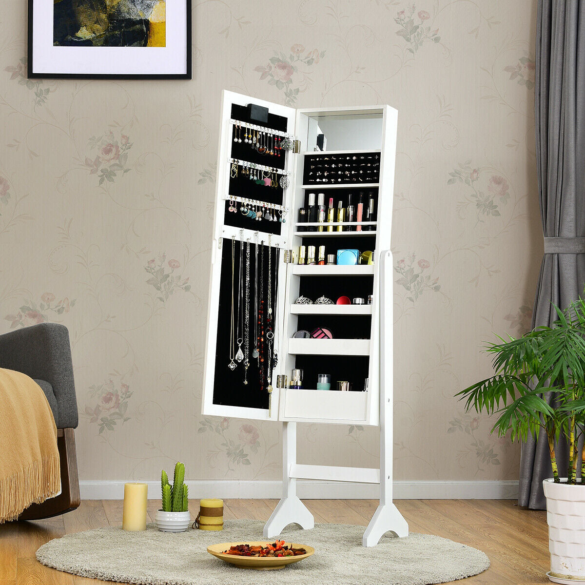 Mirrored Jewelry Cabinet Armoire Organizer w/ LED lights-WhiteÂ
