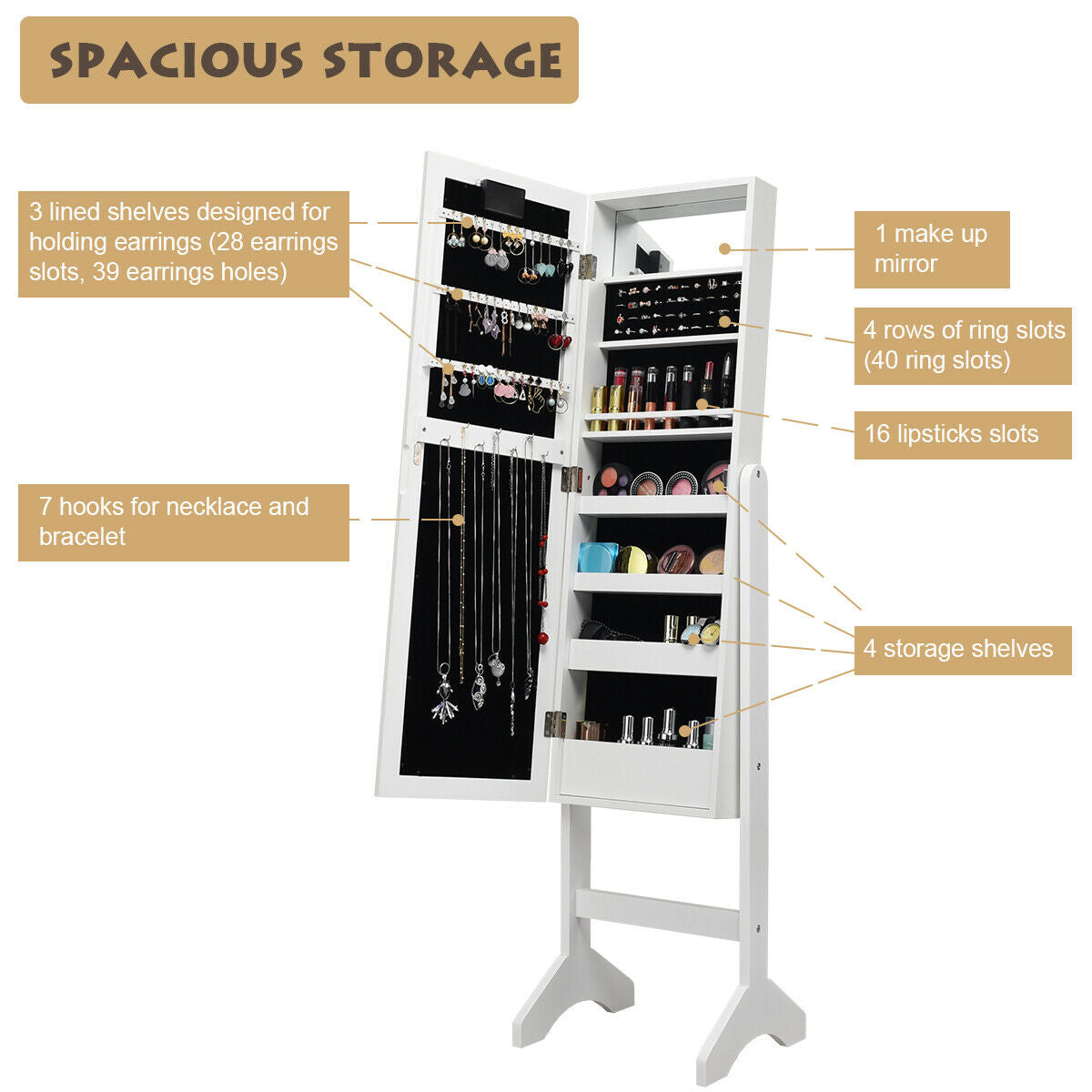 Mirrored Jewelry Cabinet Armoire Organizer w/ LED lights-WhiteÂ
