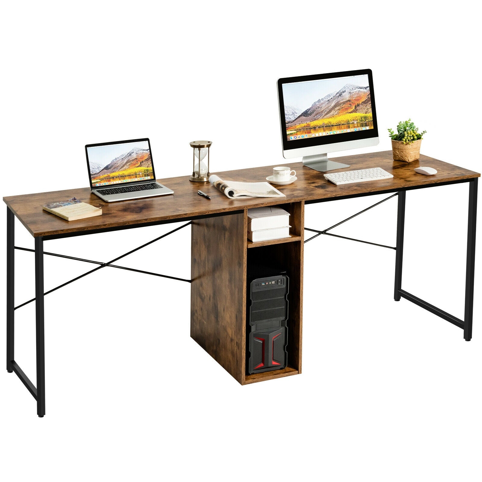 79 Inch Multifunctional Office Desk for 2 Person with Storage-BrownÂ