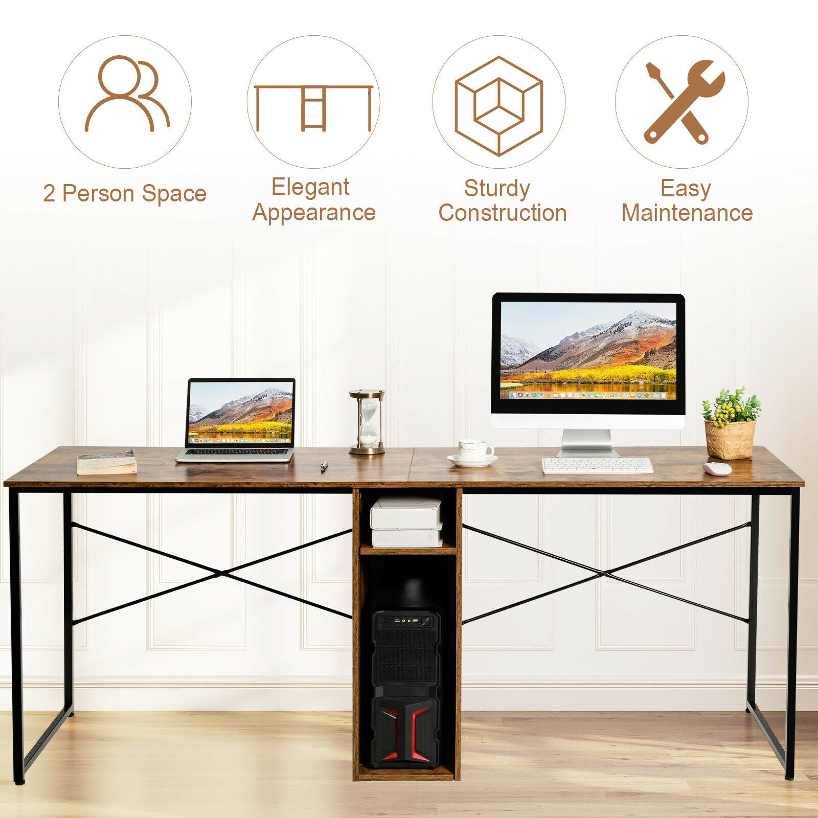 79 Inch Multifunctional Office Desk for 2 Person with Storage-BrownÂ