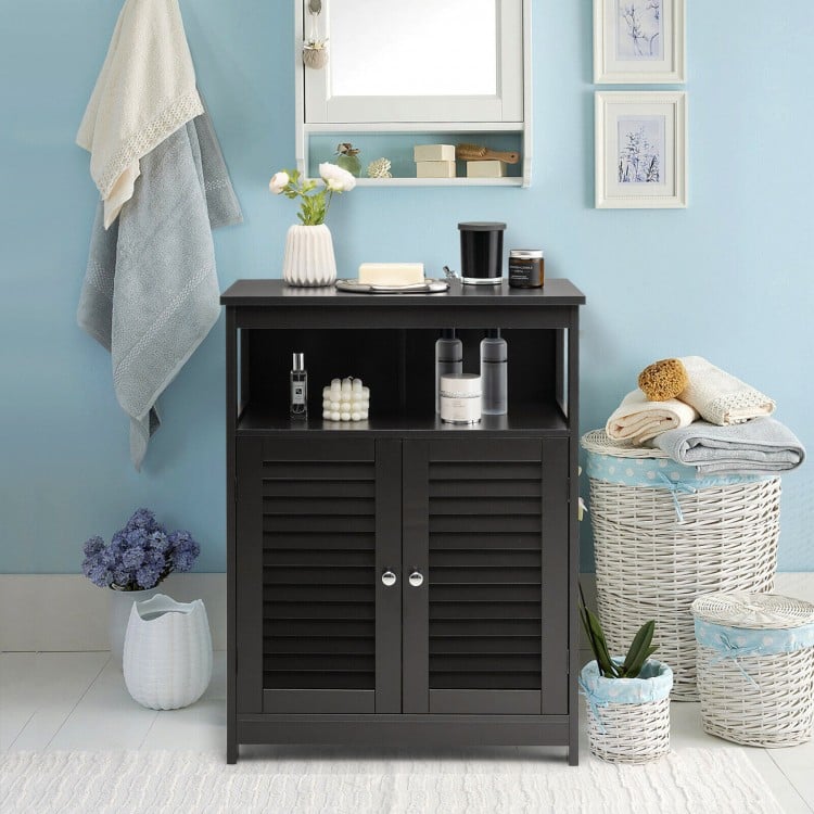 Wood Freestanding Bathroom Storage Cabinet with Double Shutter Door-Black