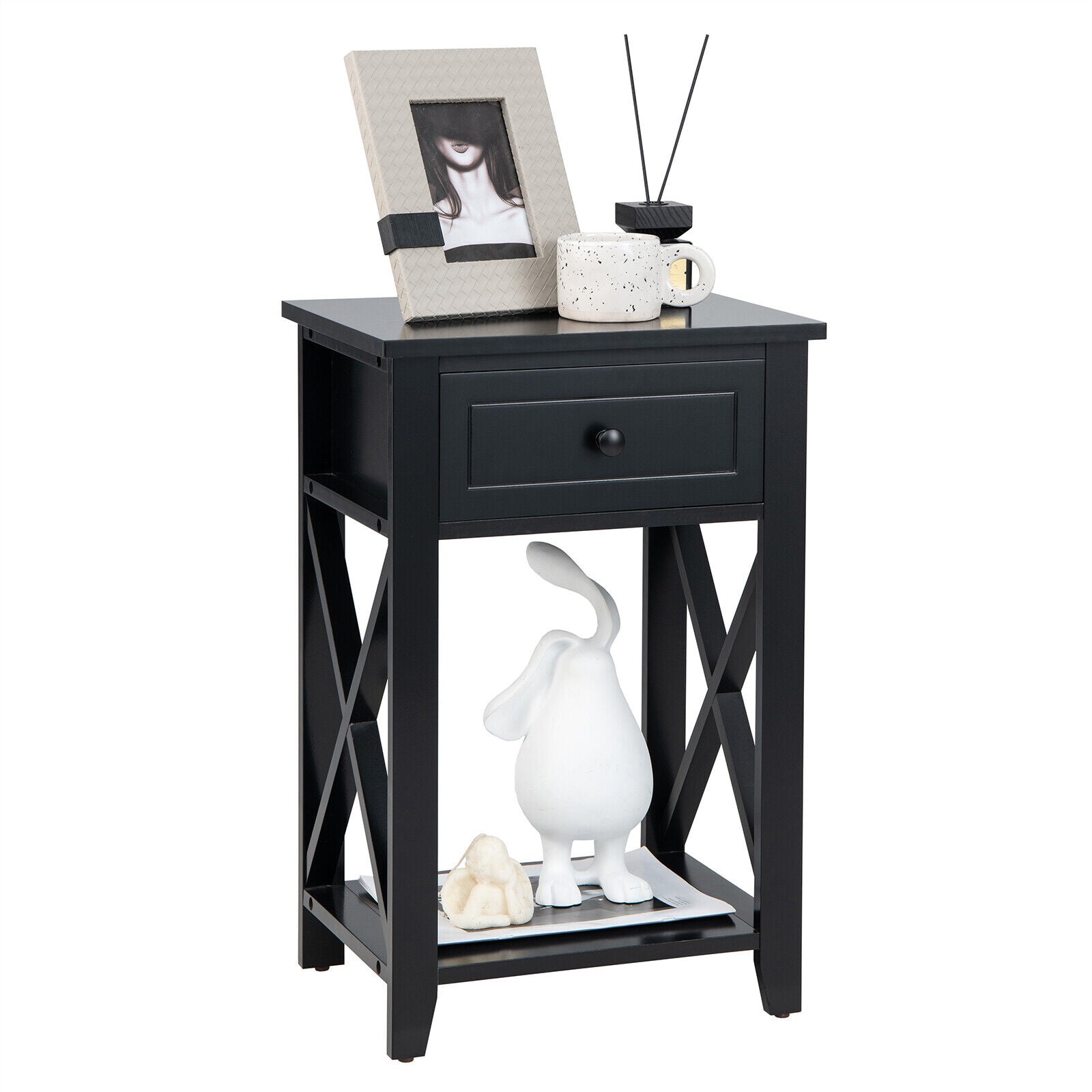 Storage End Bedside Drawer Nightstand w/ Bottom Shelf-BlackÂ