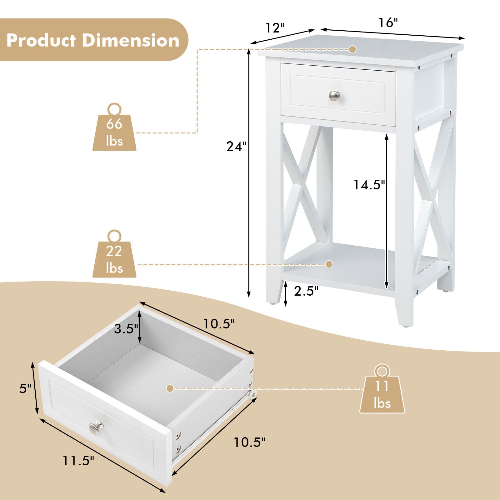 Storage End Bedside Drawer Nightstand w/ Bottom Shelf-WhiteÂ