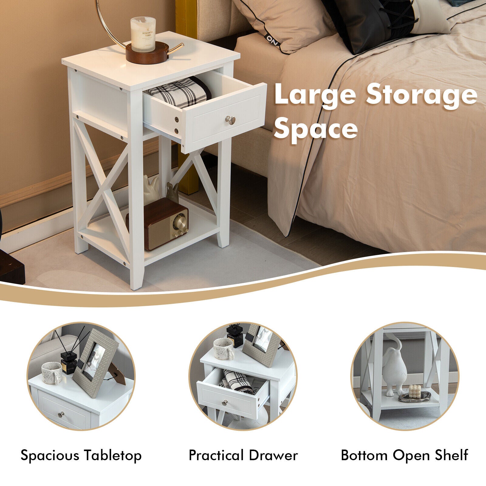 Storage End Bedside Drawer Nightstand w/ Bottom Shelf-WhiteÂ