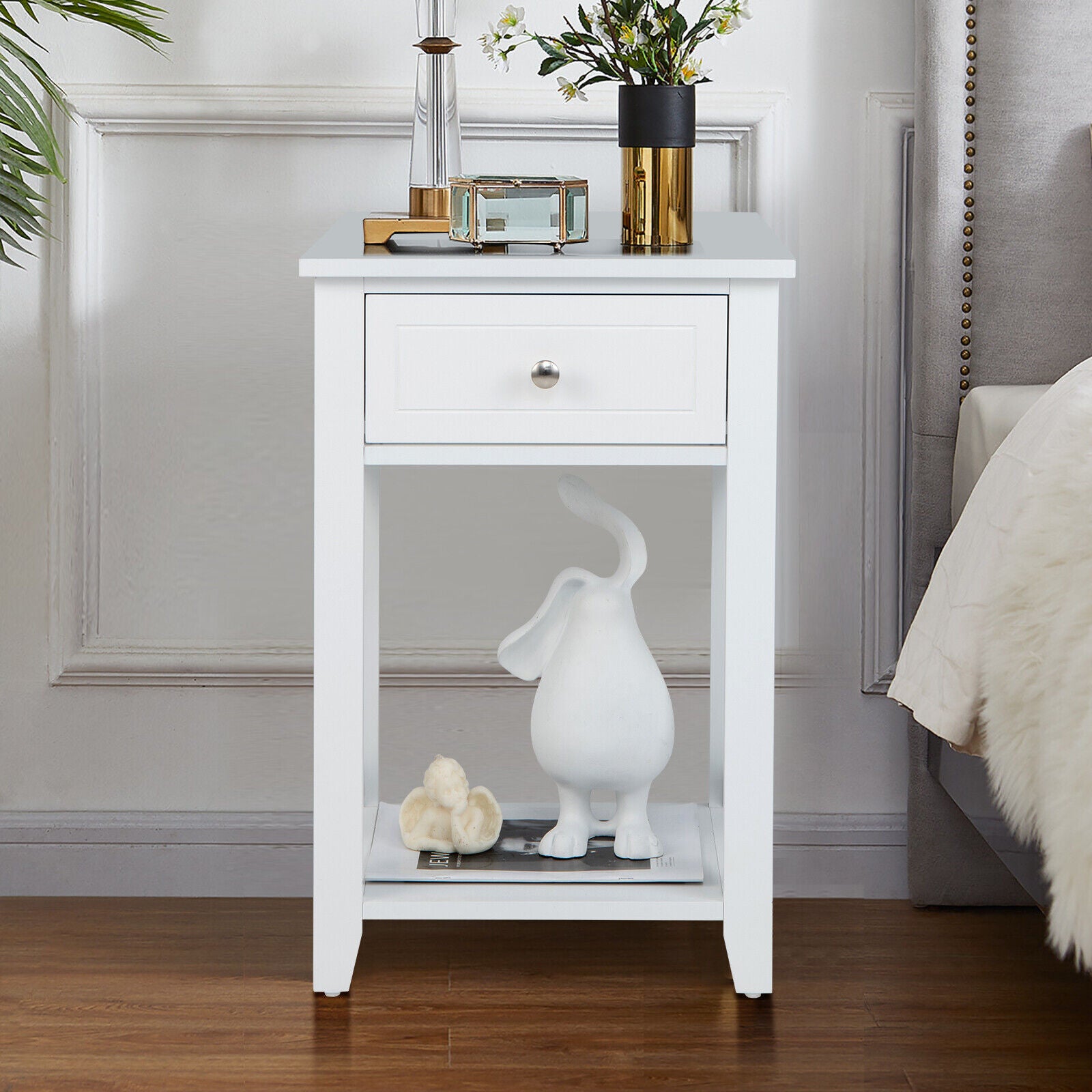 Storage End Bedside Drawer Nightstand w/ Bottom Shelf-WhiteÂ