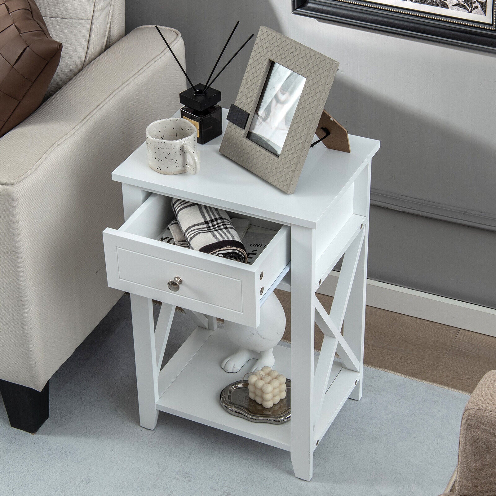 Storage End Bedside Drawer Nightstand w/ Bottom Shelf-WhiteÂ