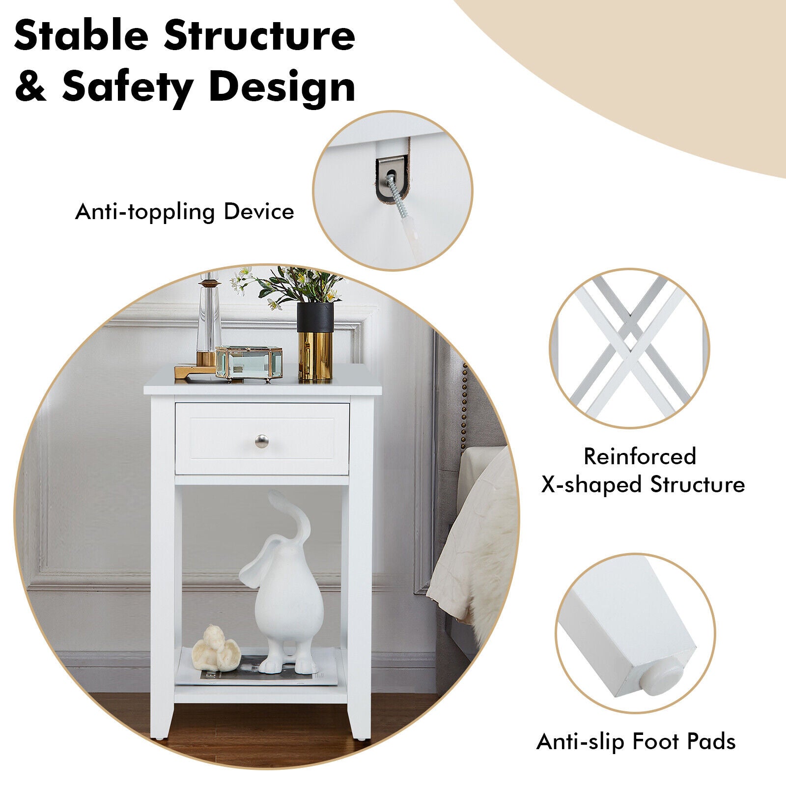 Storage End Bedside Drawer Nightstand w/ Bottom Shelf-WhiteÂ