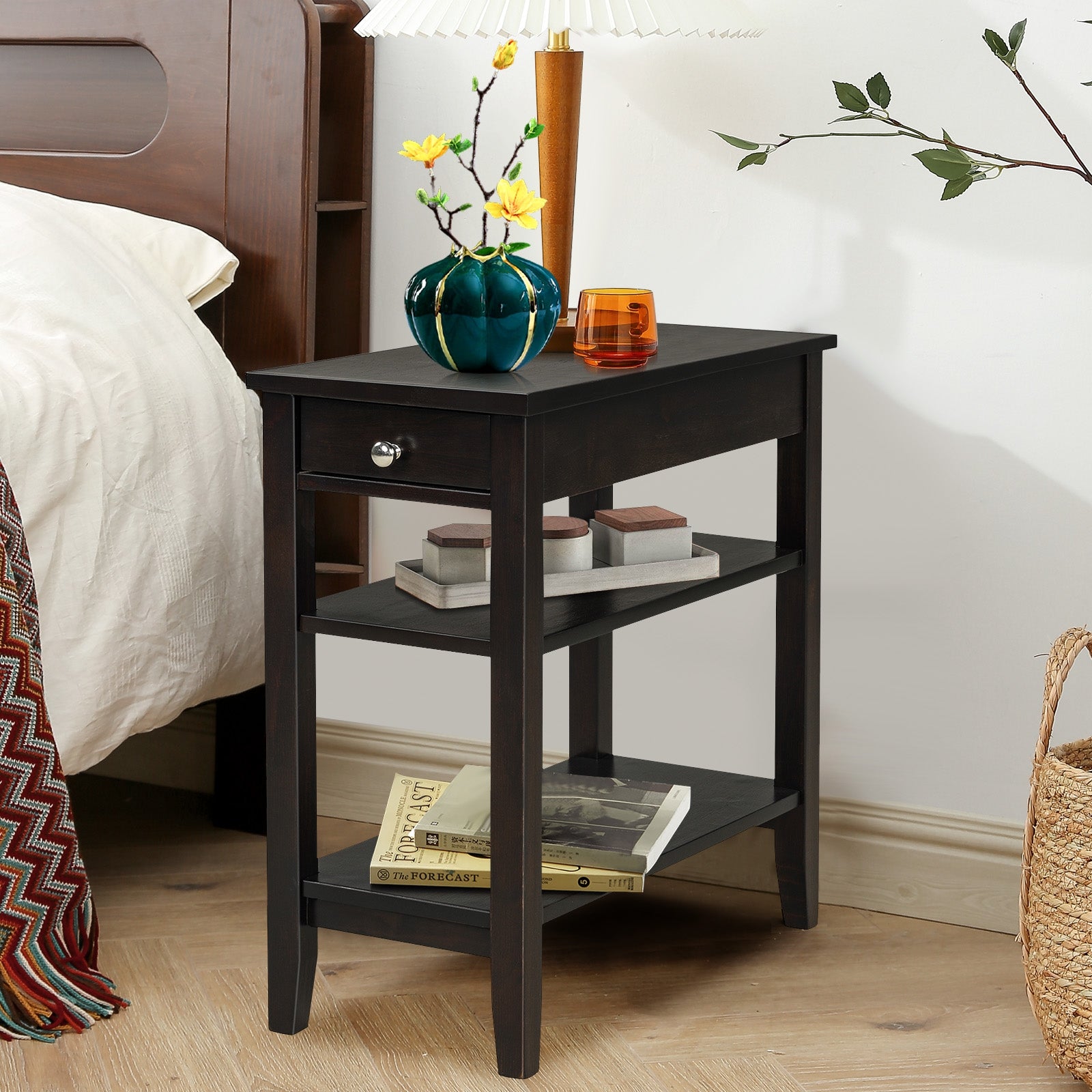 Side End Table with Drawer and 2-Tier Open Storage Shelves for Space Saving-Brown