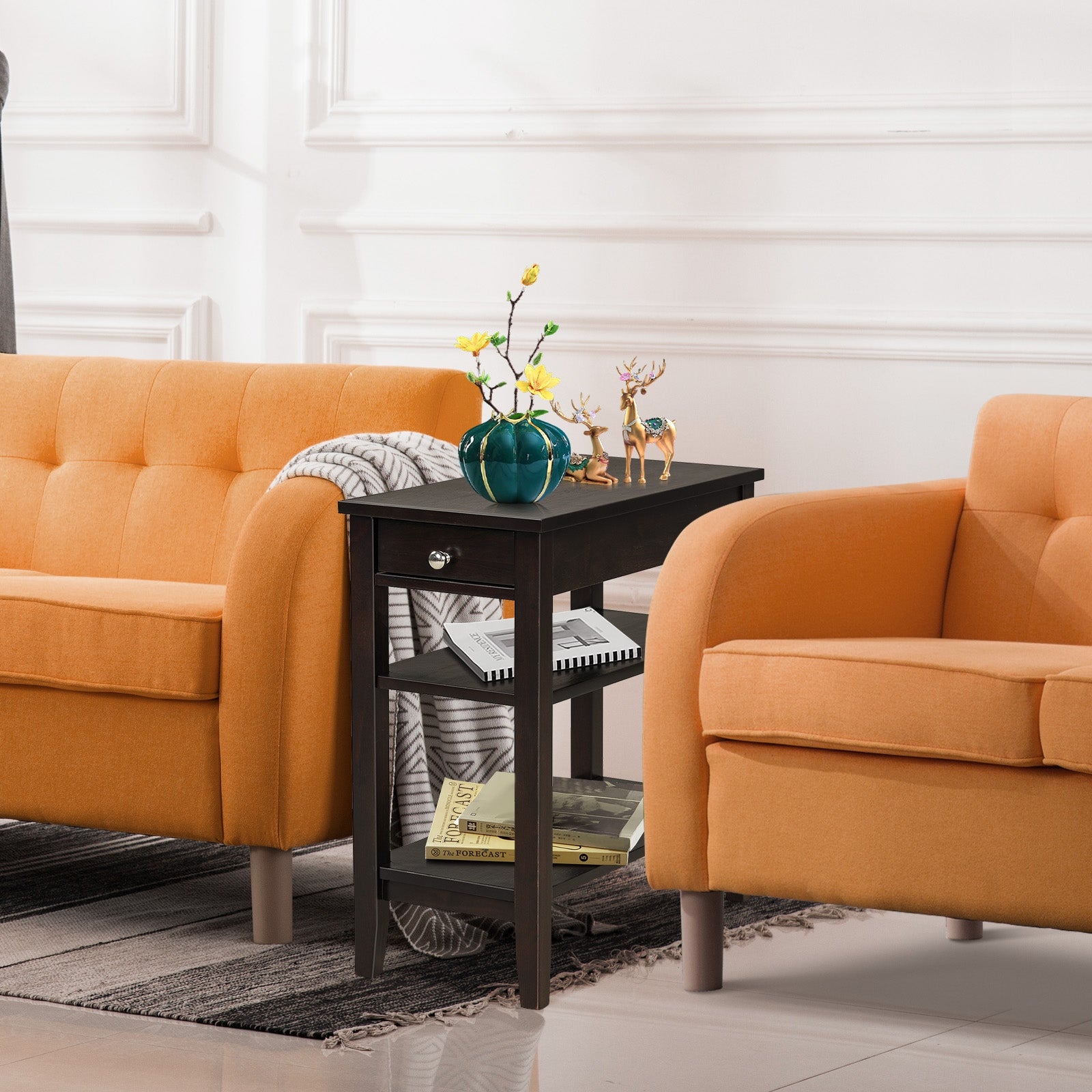 Side End Table with Drawer and 2-Tier Open Storage Shelves for Space Saving-Brown