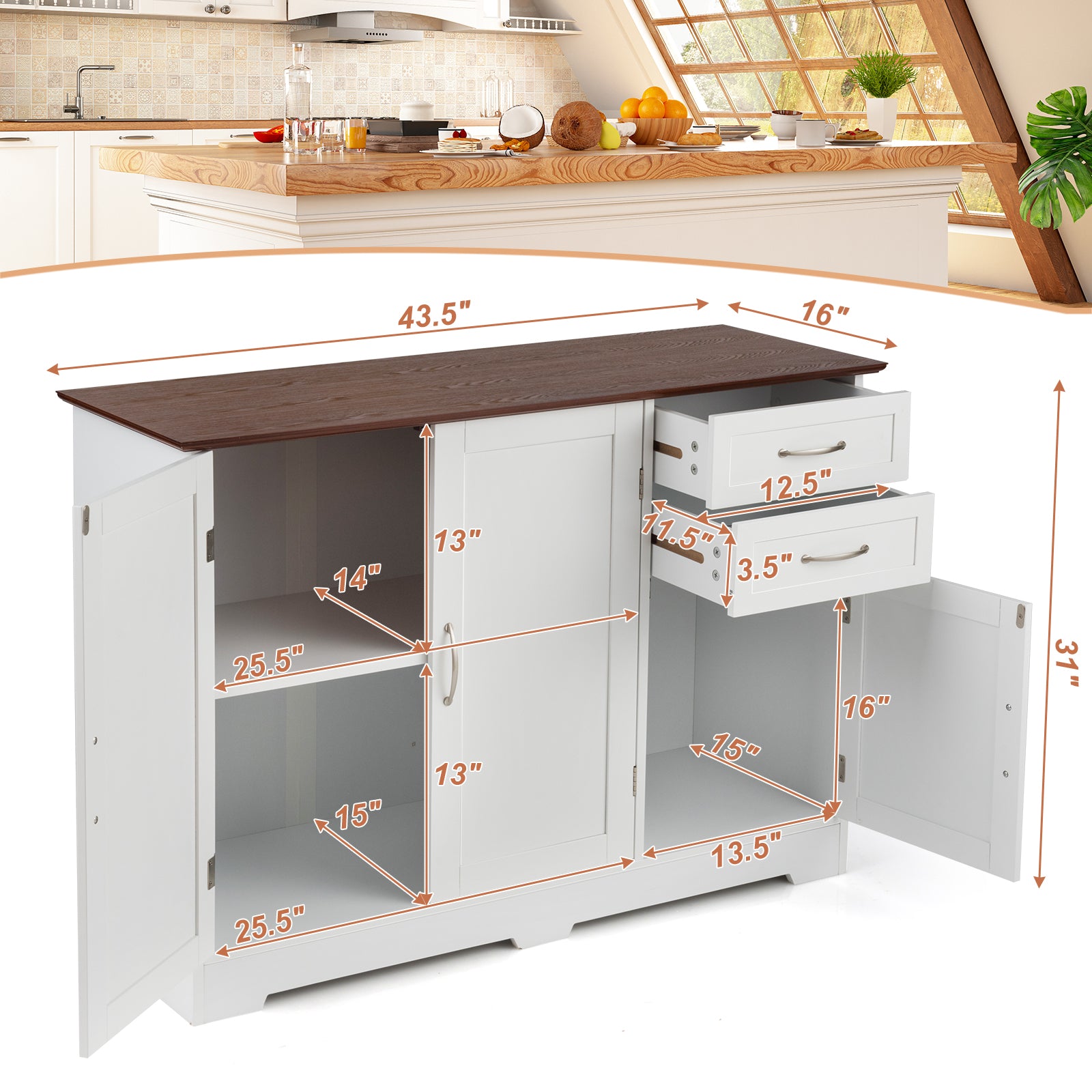 Buffet Storage Cabinet Kitchen Sideboard with 2 Drawers-WhiteÂ