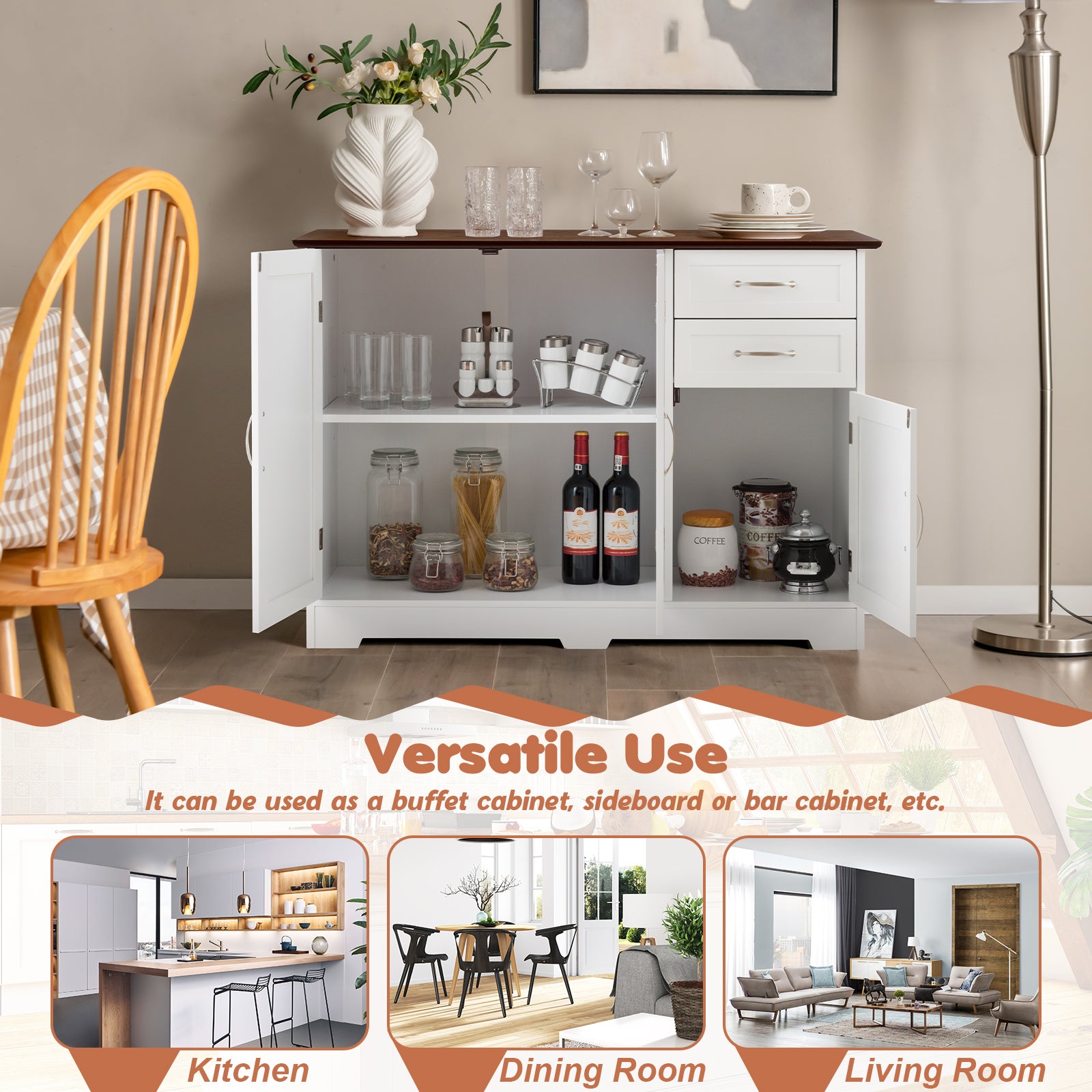 Buffet Storage Cabinet Kitchen Sideboard with 2 Drawers-WhiteÂ