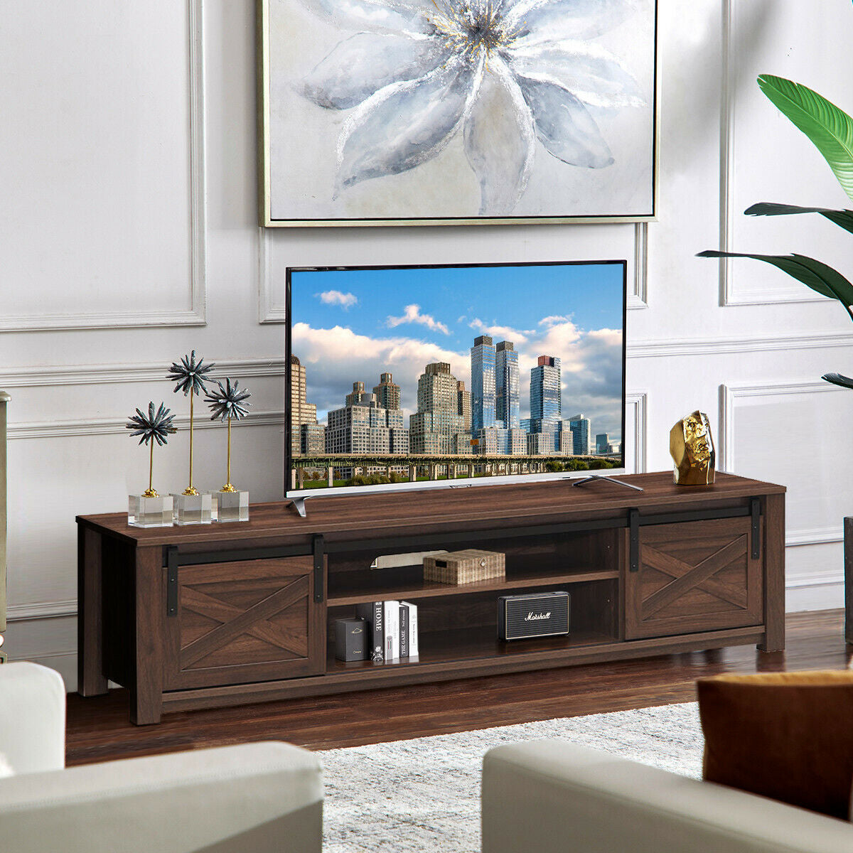 65" Flat Sliding Barn Door TV Stand-BrownÂ