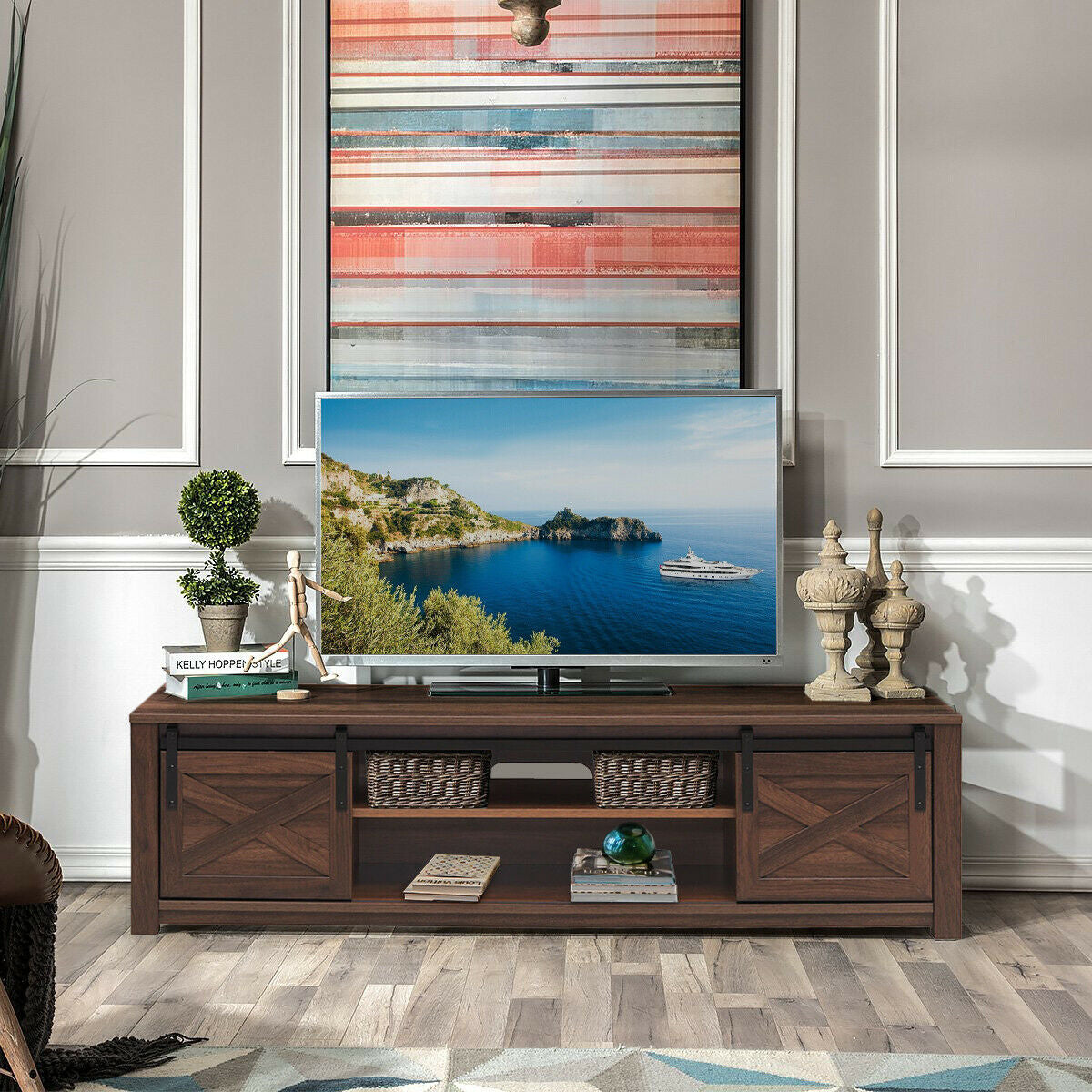 65" Flat Sliding Barn Door TV Stand-BrownÂ