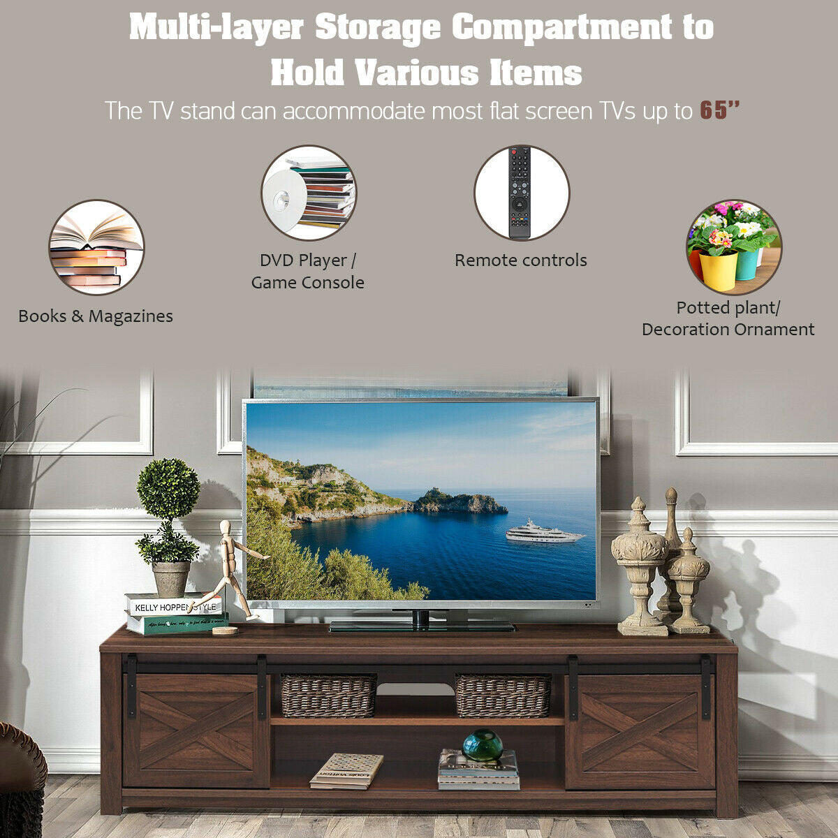 65" Flat Sliding Barn Door TV Stand-BrownÂ