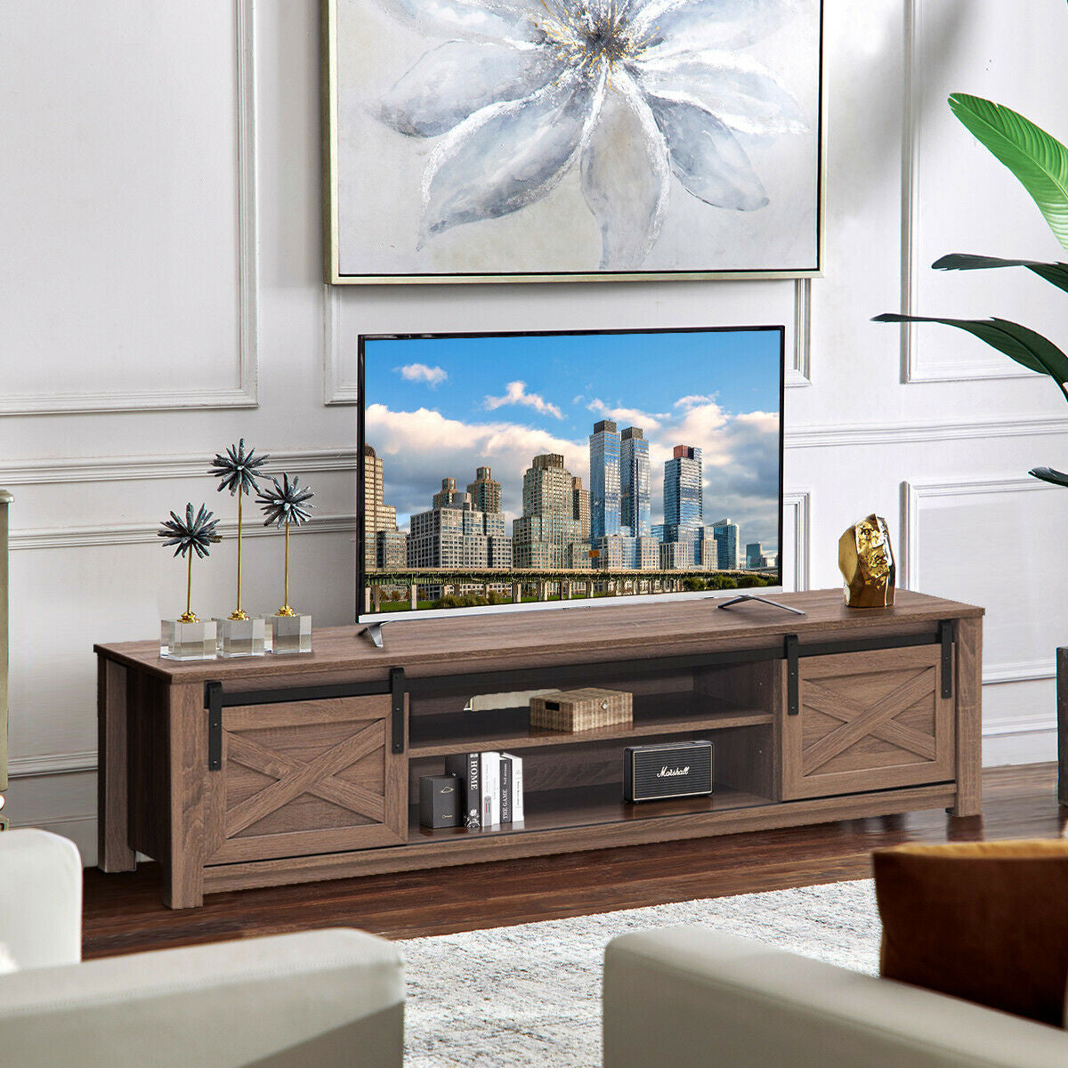 65" Flat Sliding Barn Door TV Stand-WalnutÂ