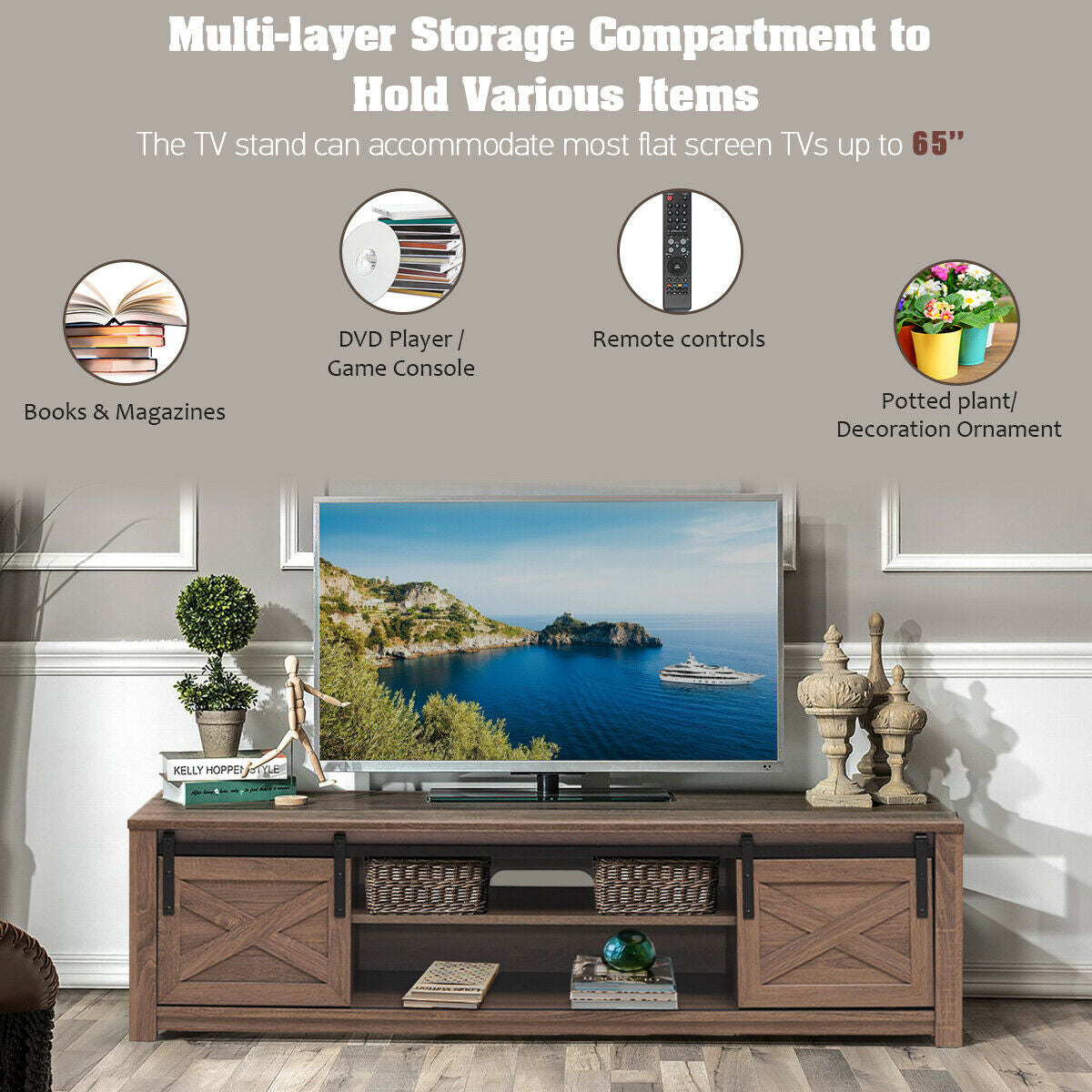 65" Flat Sliding Barn Door TV Stand-WalnutÂ