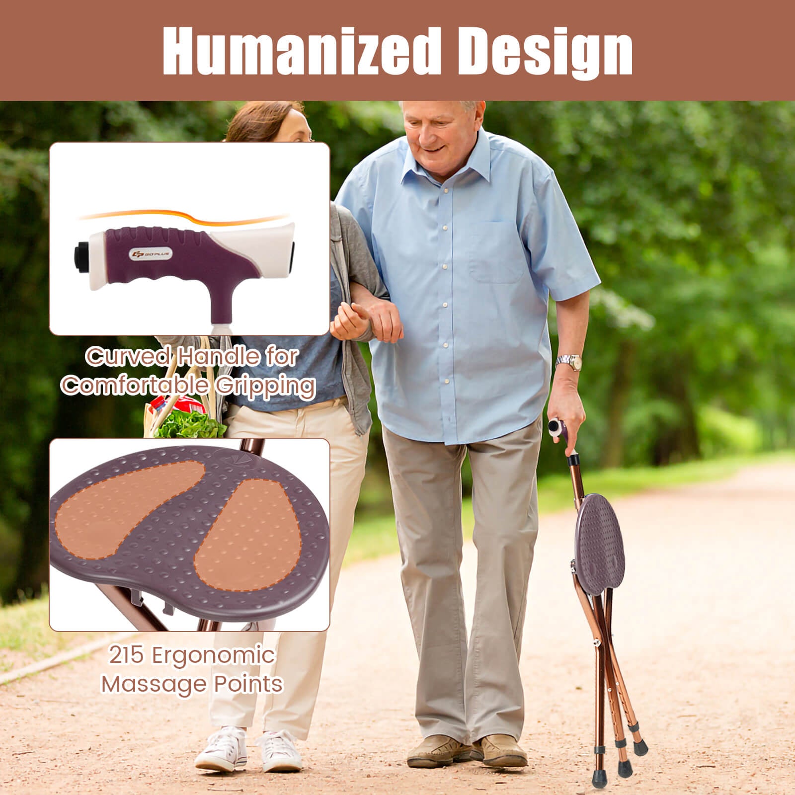 Lightweight Adjustable Folding Cane Seat with Light-Brown