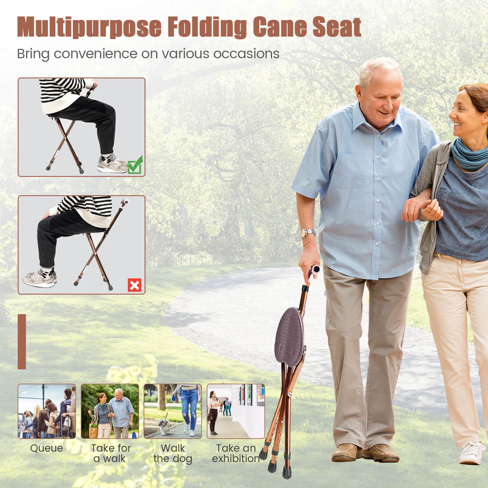 Lightweight Adjustable Folding Cane Seat with Light-Brown