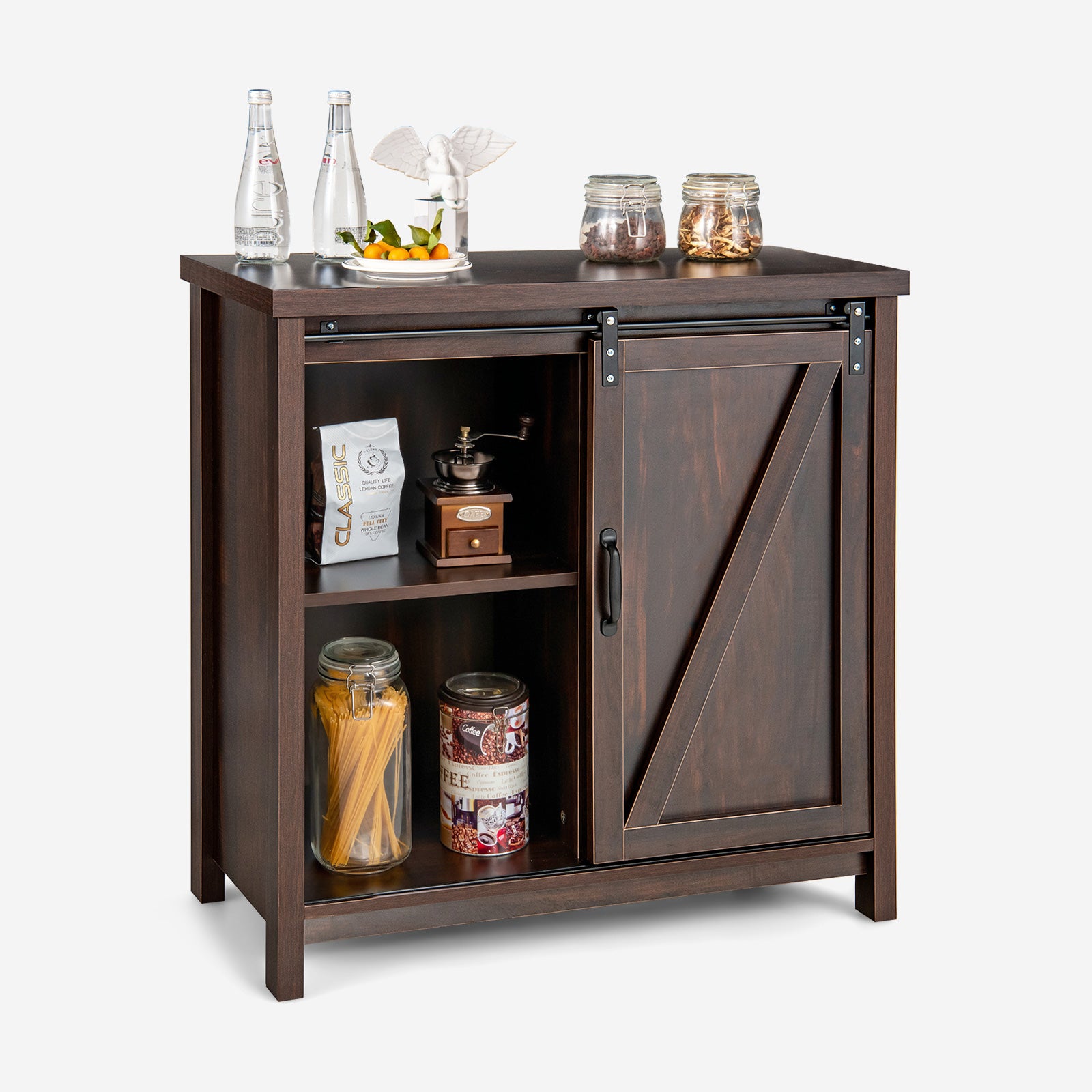 Freestanding Kitchen Buffet Storage Cabinet with Sliding Barn Door-Rustic Brown