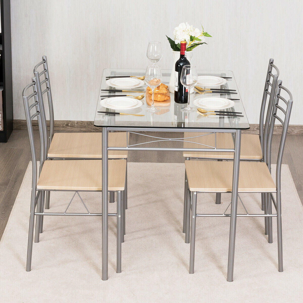 5 Pieces Dining Set Glass Table and 4 ChairsÂ