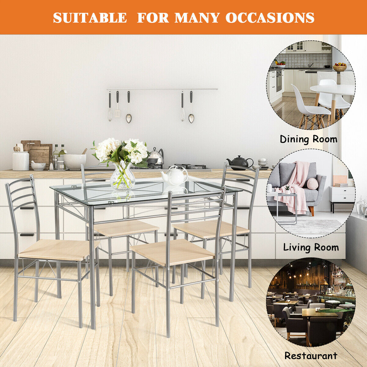 5 Pieces Dining Set Glass Table and 4 ChairsÂ