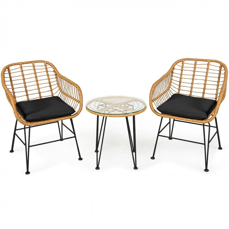 3-Piece Rattan Bistro Set with Cushioned Chairs & Glass Table