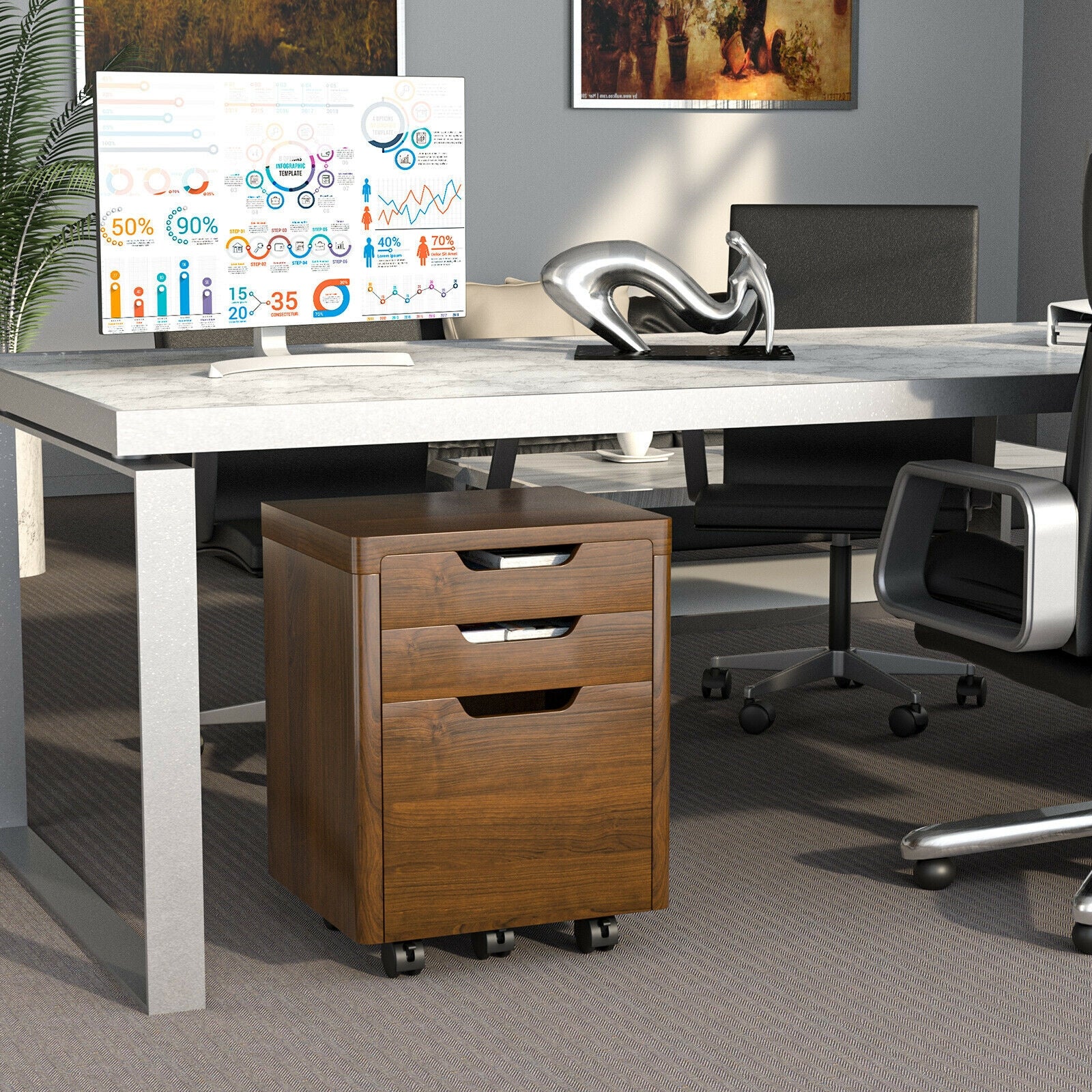 3 Drawer Mobile File Cabinet with Lockable Casters