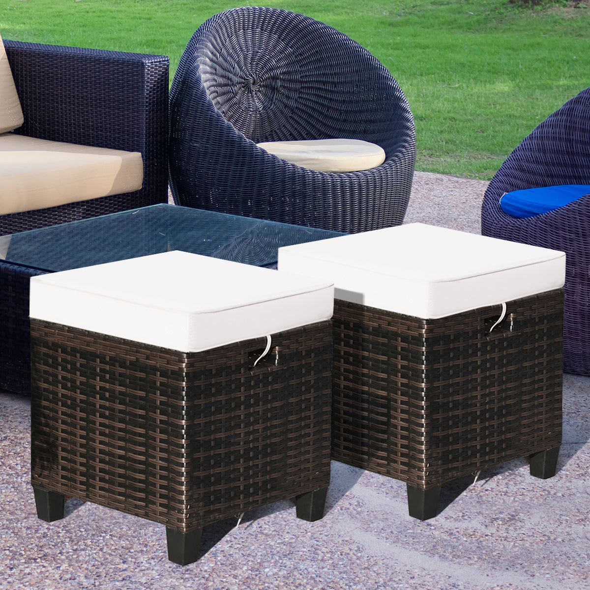 2 Pieces Patio Rattan Ottoman Cushioned Seat-BeigeÂ