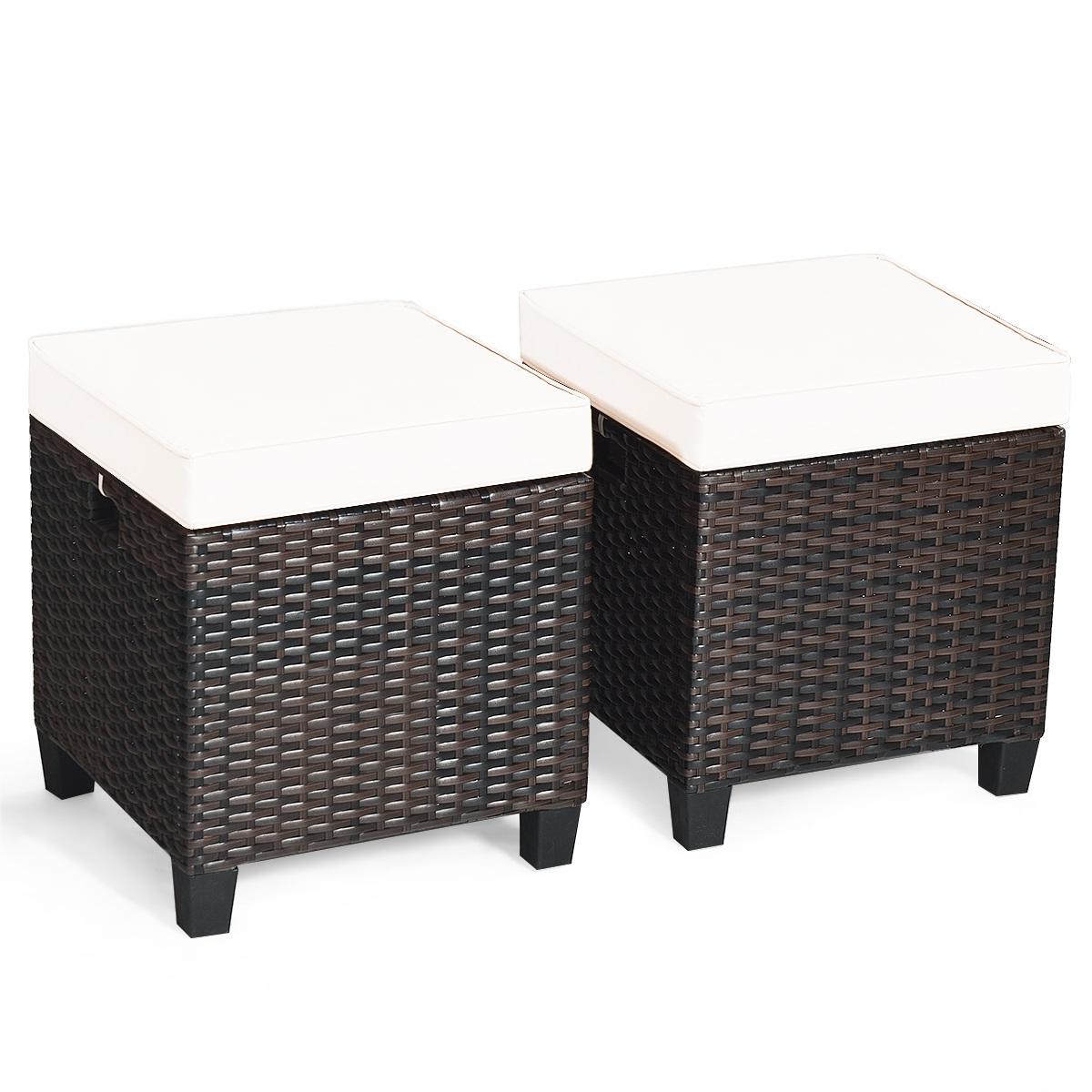 2 Pieces Patio Rattan Ottoman Cushioned Seat-BeigeÂ