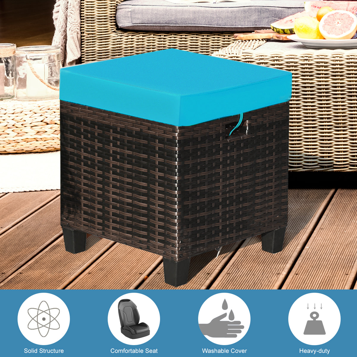 2PCS Patio Rattan Ottoman Cushioned Seat-TurquoiseÂ