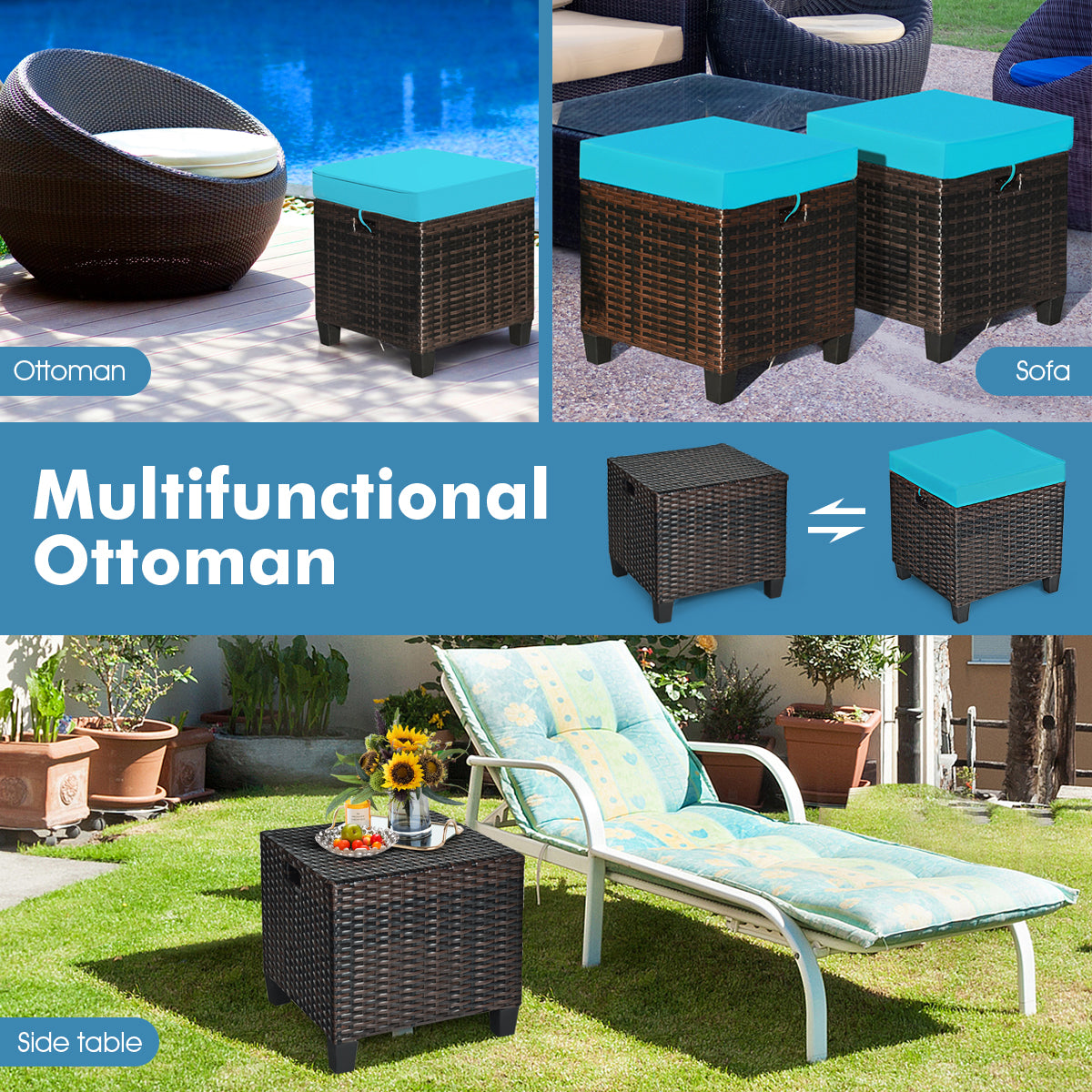 2PCS Patio Rattan Ottoman Cushioned Seat-TurquoiseÂ
