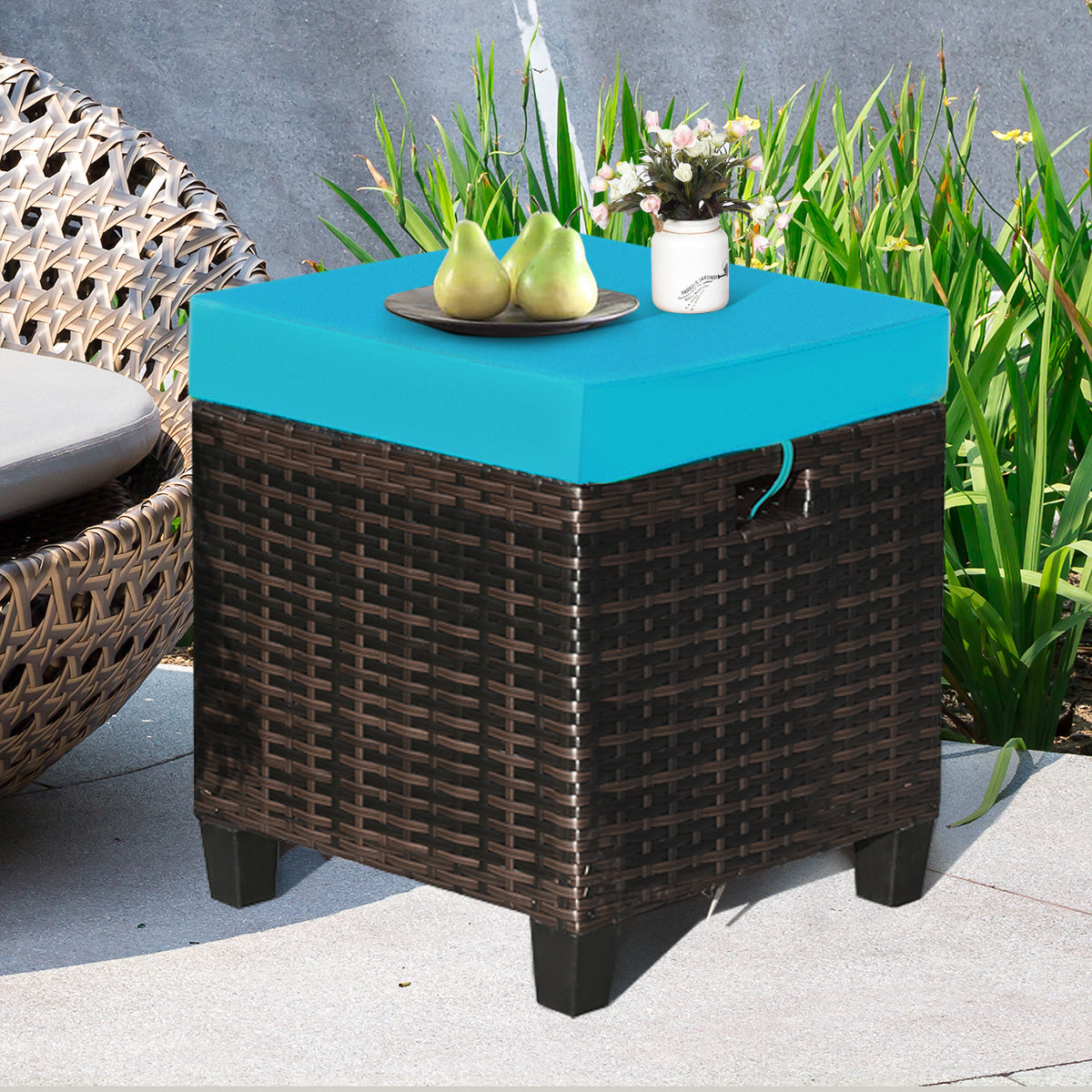 2PCS Patio Rattan Ottoman Cushioned Seat-TurquoiseÂ