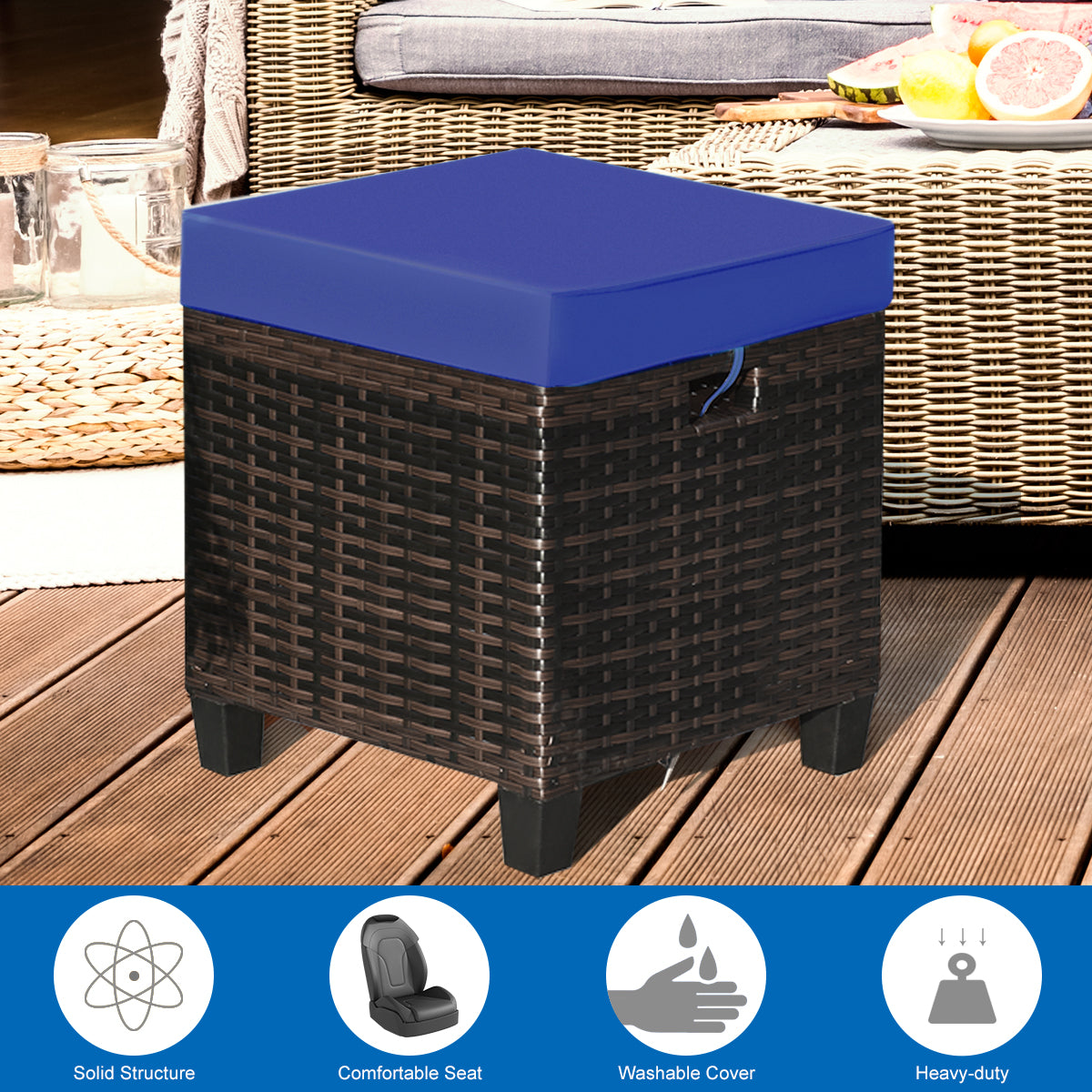 2 Pieces Patio Rattan Ottoman Set with Removable Cushions-NavyÂ