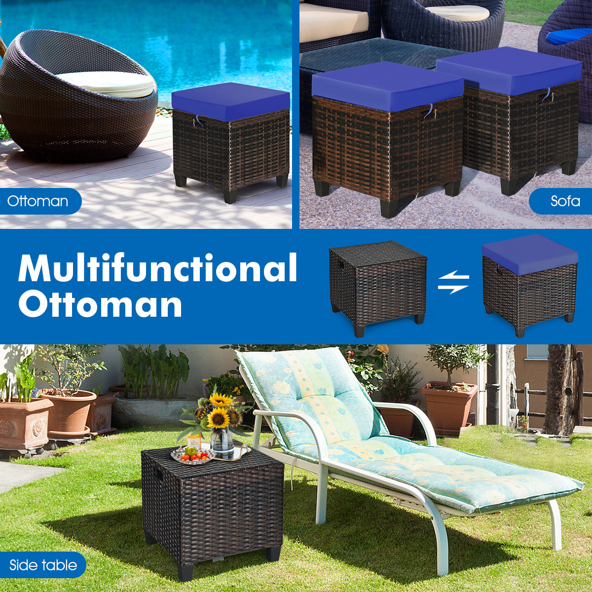 2 Pieces Patio Rattan Ottoman Set with Removable Cushions-NavyÂ