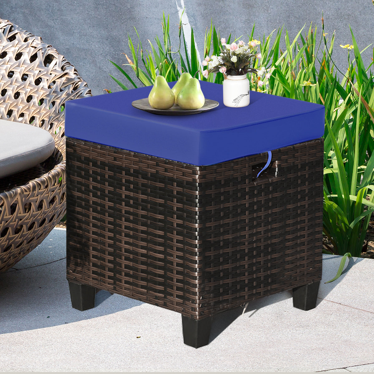 2 Pieces Patio Rattan Ottoman Set with Removable Cushions-NavyÂ