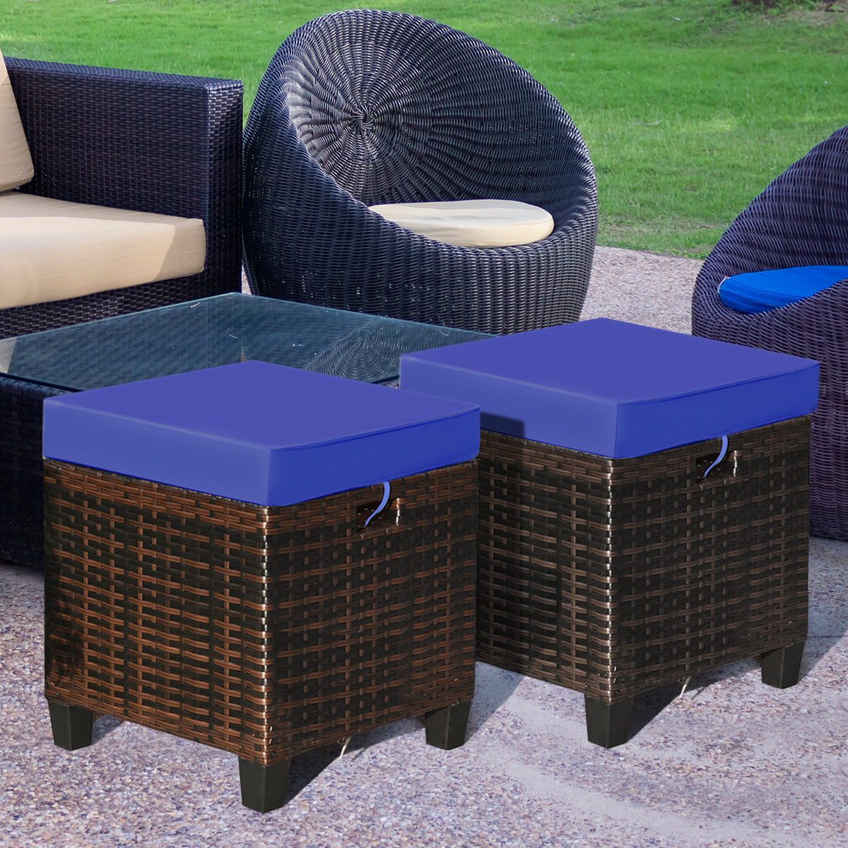 2 Pieces Patio Rattan Ottoman Set with Removable Cushions-NavyÂ