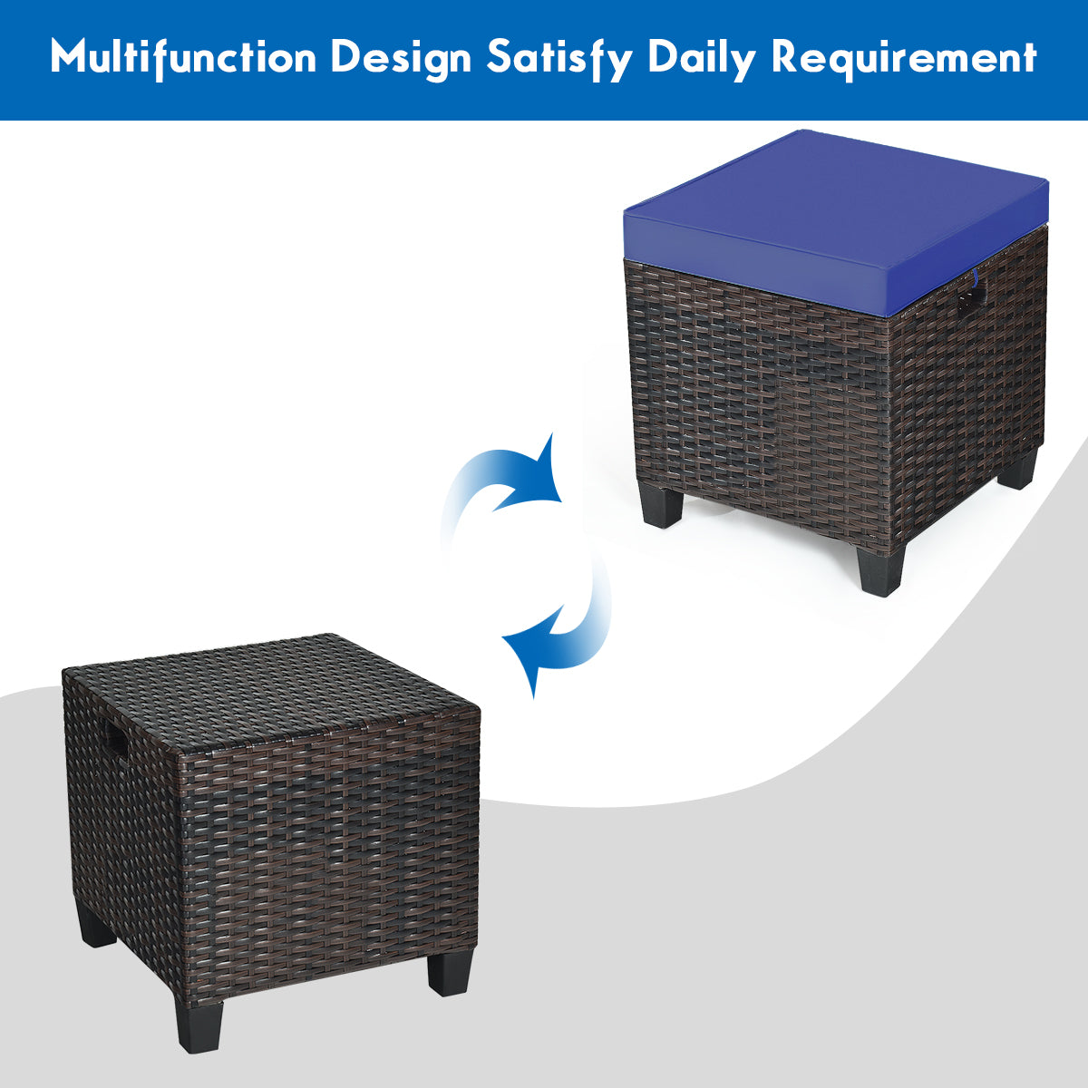 2 Pieces Patio Rattan Ottoman Set with Removable Cushions-NavyÂ