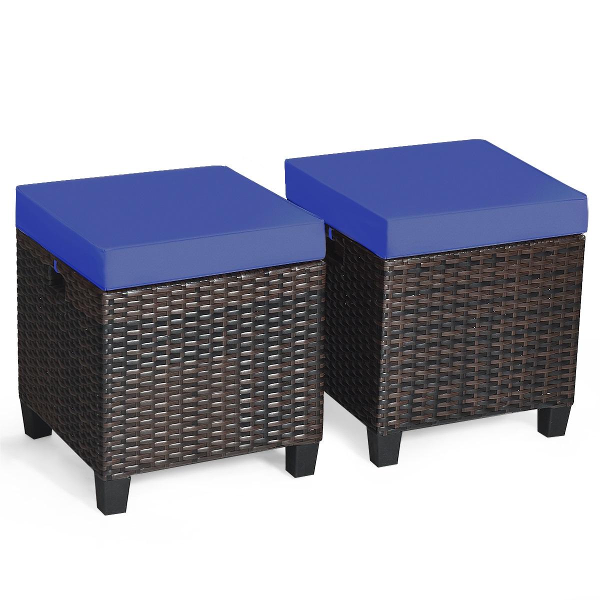 2 Pieces Patio Rattan Ottoman Set with Removable Cushions-NavyÂ